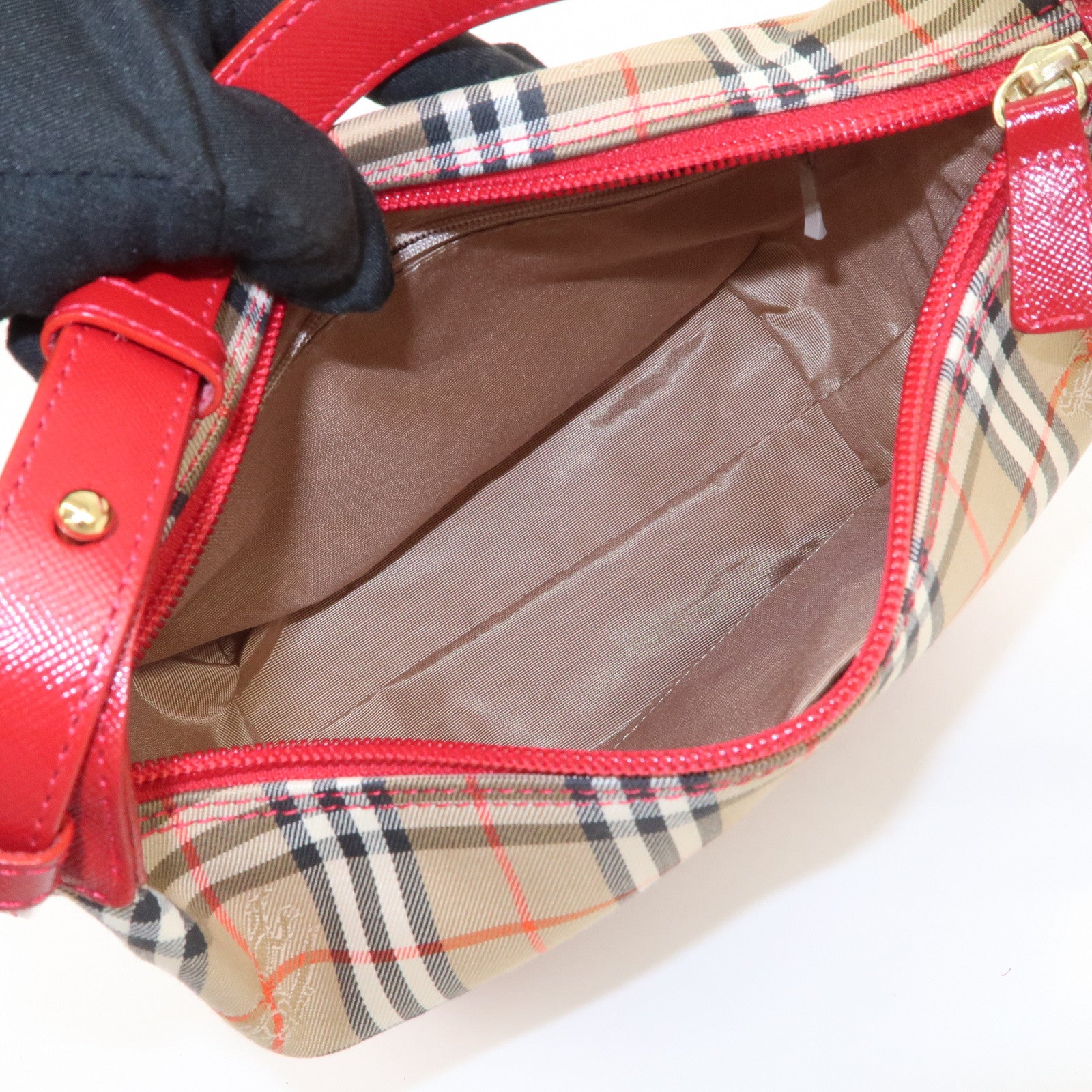BURBERRY Nova Plaid Canvas Leather Hand Bag Shoulder Bag Beige Red
