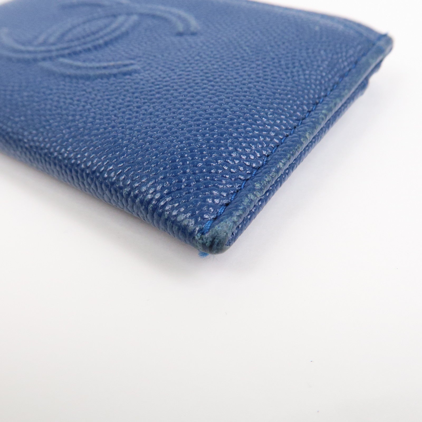 CHANEL Logo Caviarskin Leather Card Case Card Holder Blue