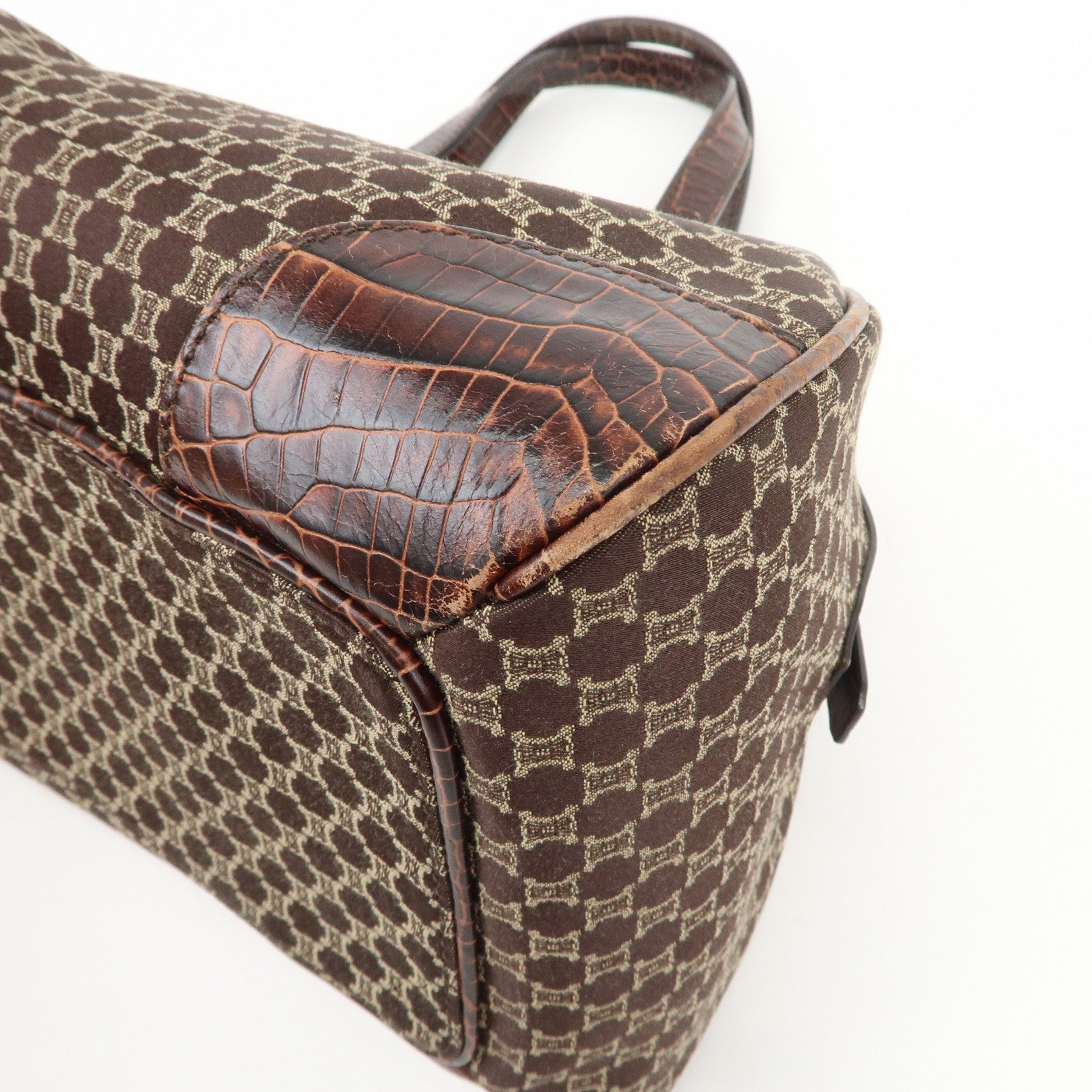 CELINE Macadam Canvas Embossed Leather Hand Bag Shoulder Bag Brown