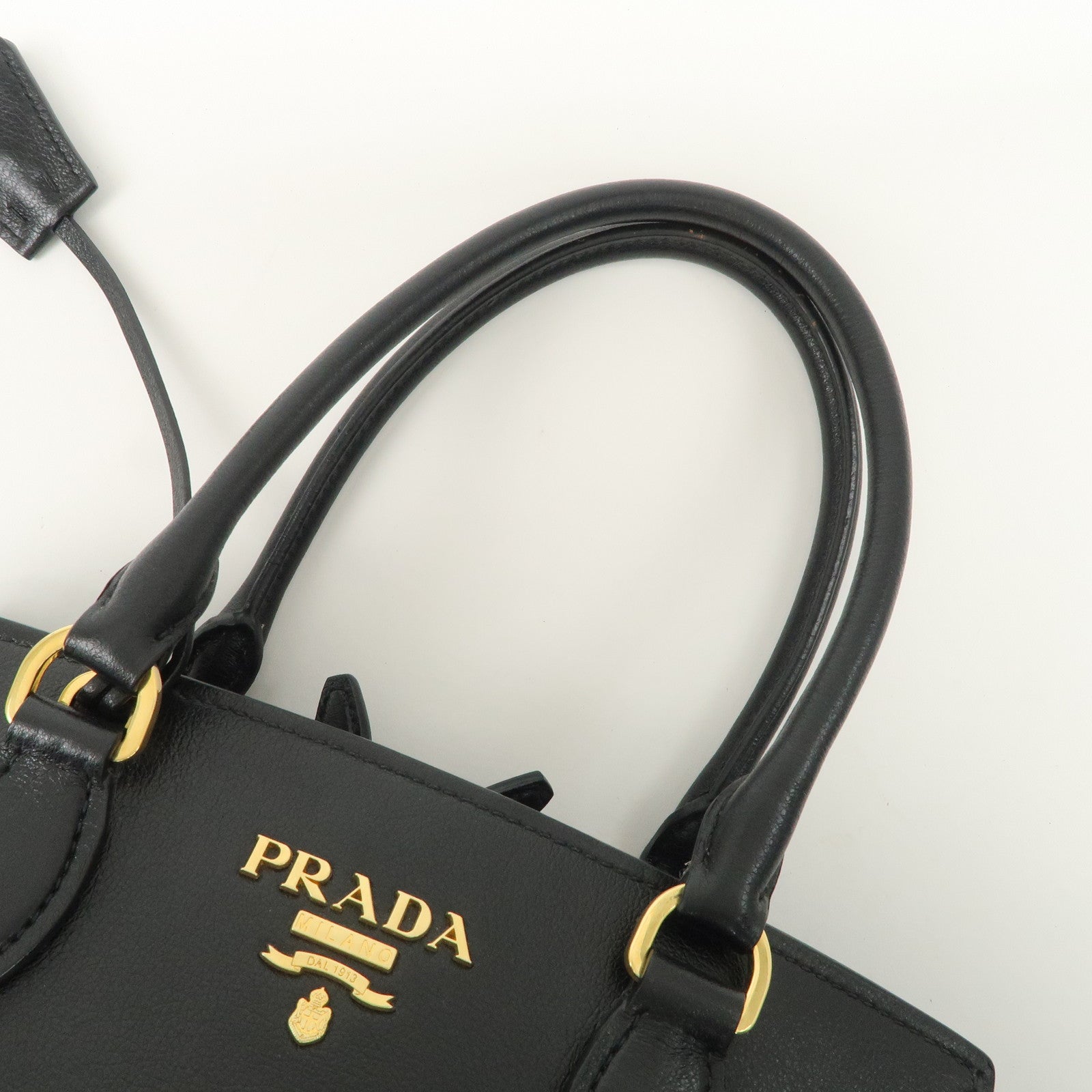 PRADA Leather 2Way Bag Hand Bag Black Gold Hardware Used