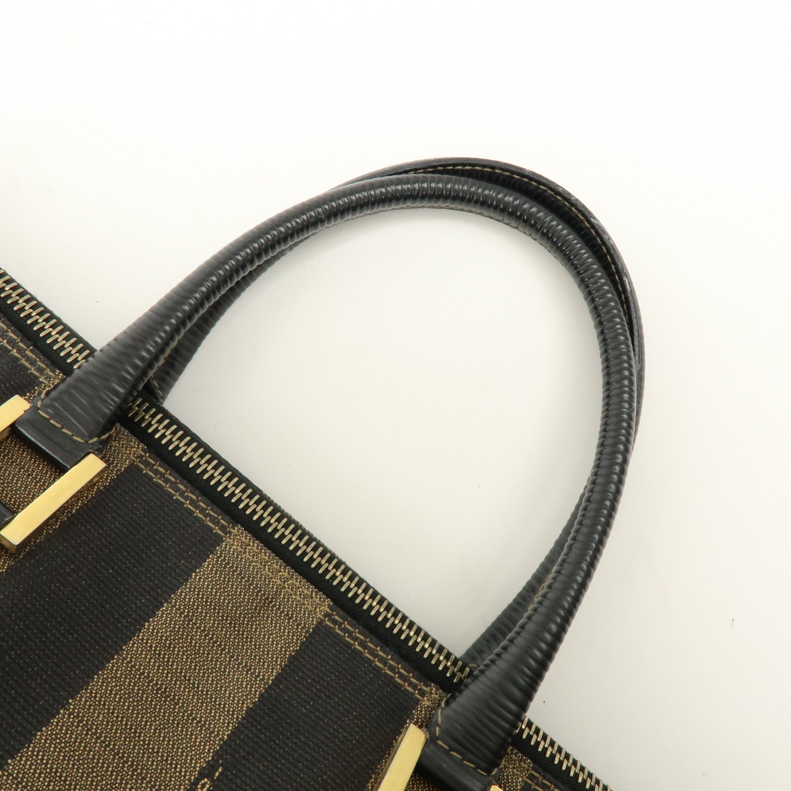 FENDI Pequin Canvas Leather Hand Bag Tote Bag Brown Black