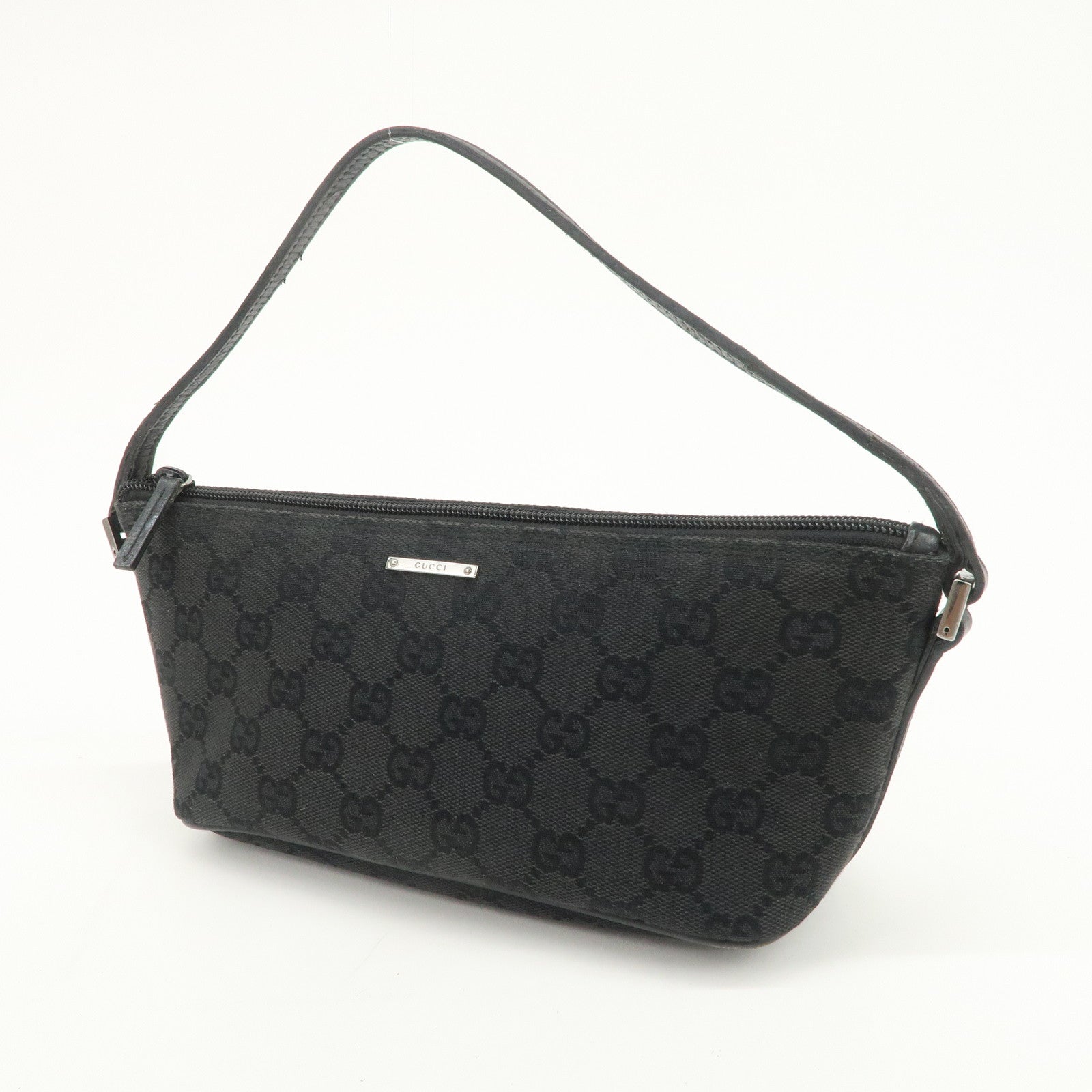GUCCI Logo GG Canvas Leather Boat Bag Hand Bag Black 07198