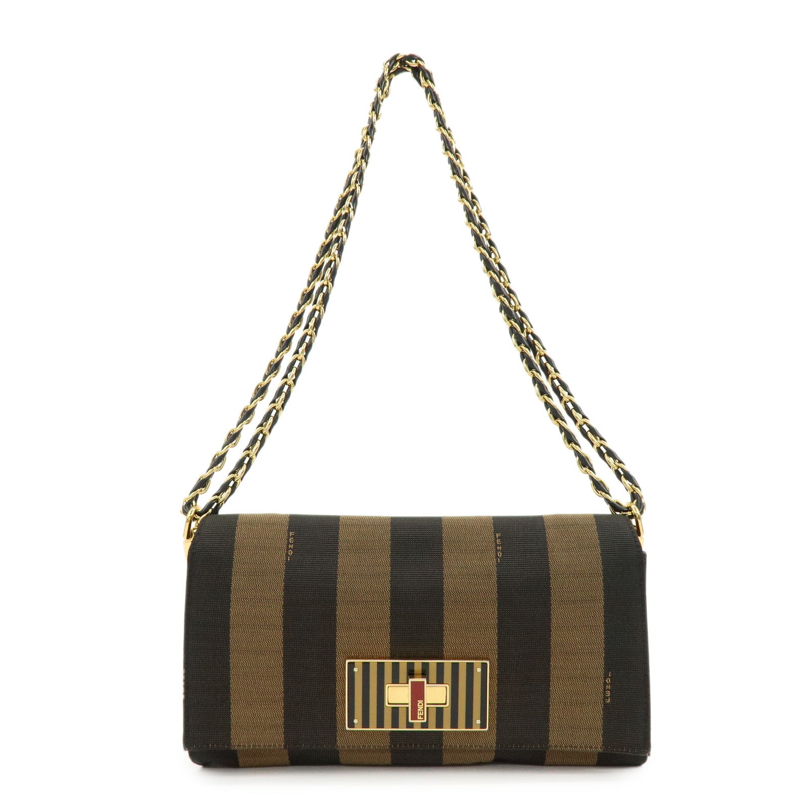 FENDI Pequin Canvas Leather Shoulder Bag Brown Black 8BT204