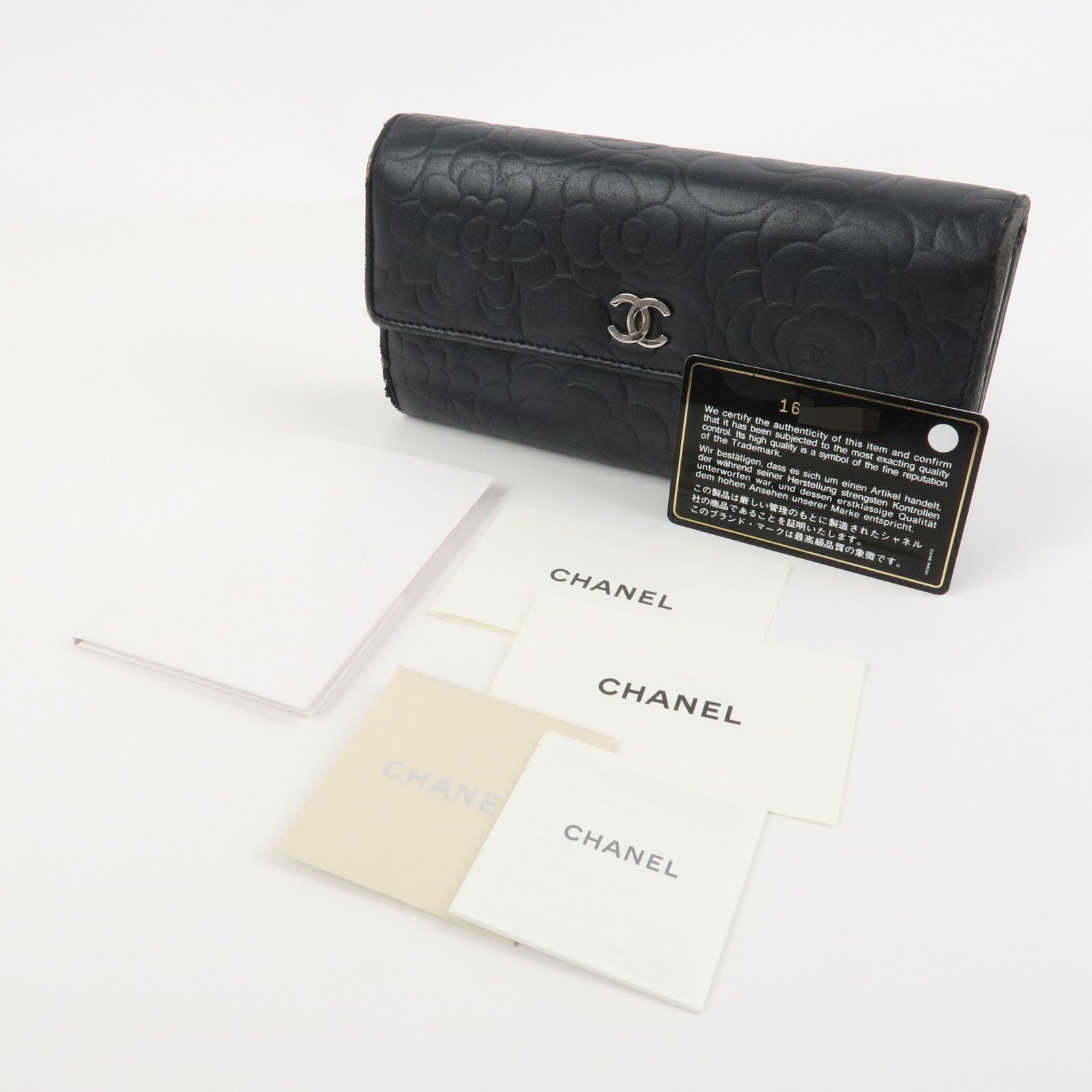 CHANEL Camellia Lambskin Long Wallet Black Silver