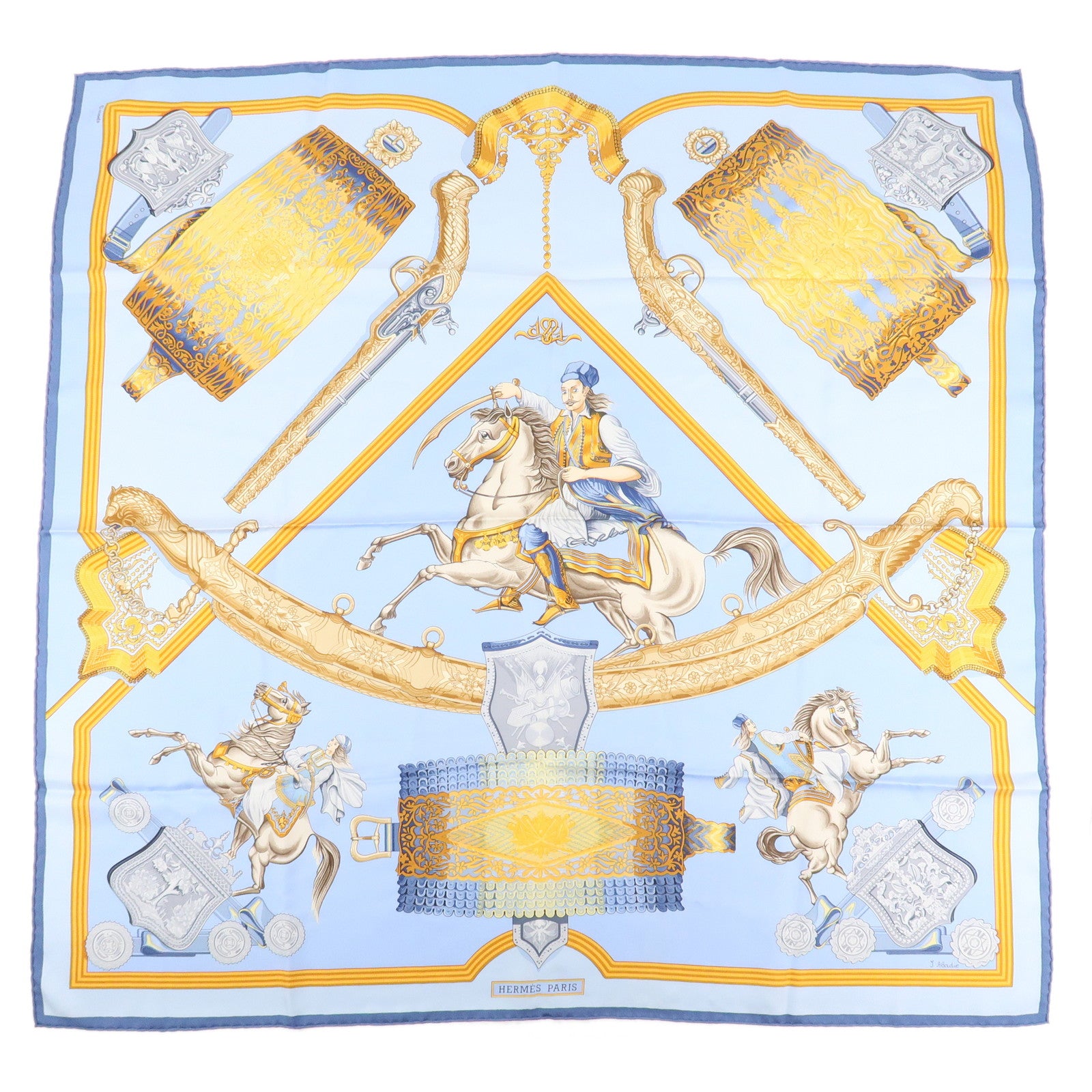 HERMES Carre 90 Silk 100% Scarf Cavaliers ottomans Light Blue Used