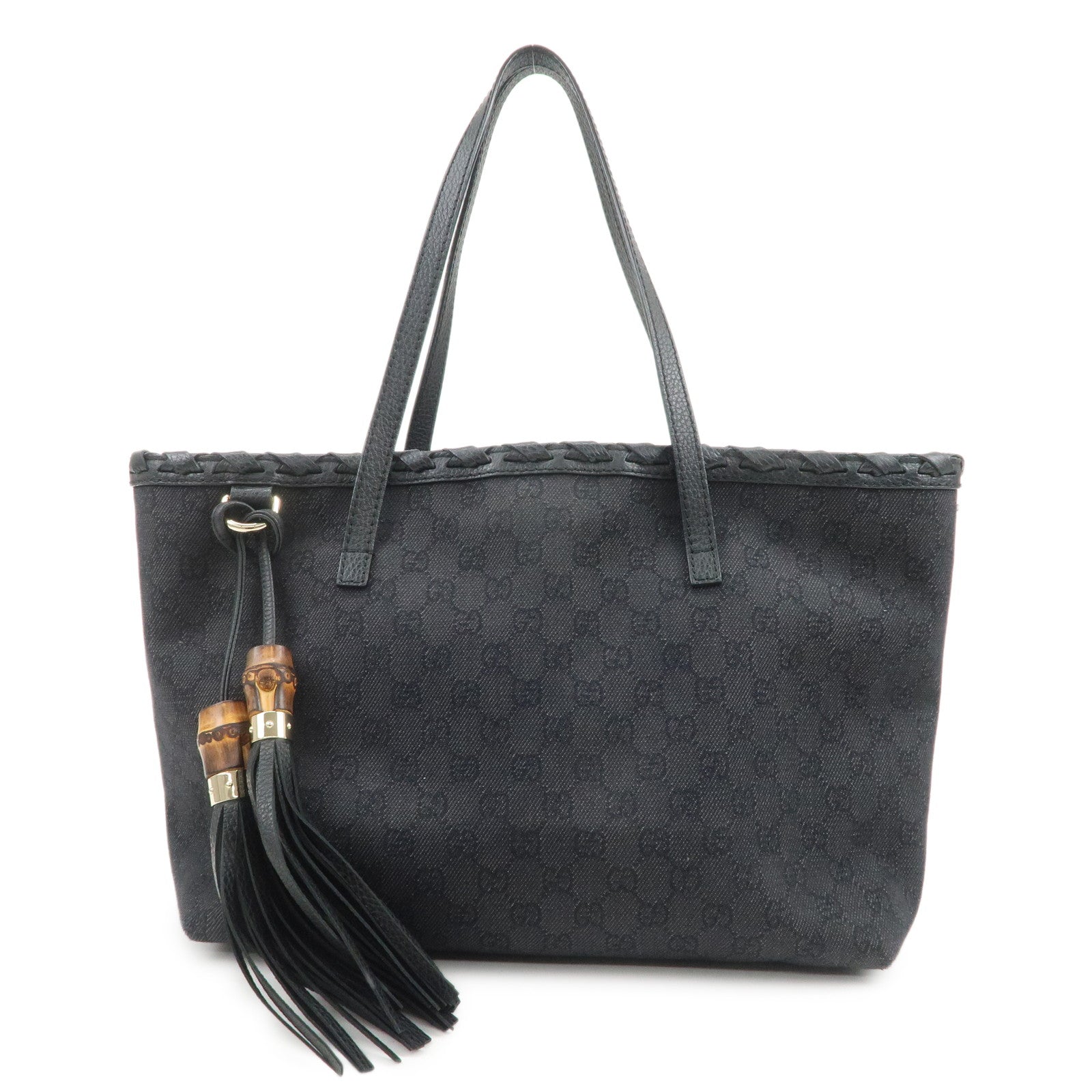 GUCCI Bamboo GG Canvas Leather Tote Bag Tassel Black 354665