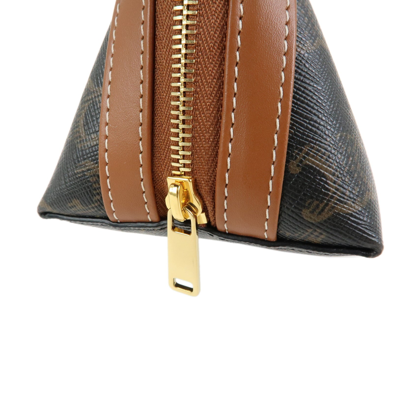 CELINE Triomphe PVC Calf Leather Cosmetic Pouch Tan Dark Brown