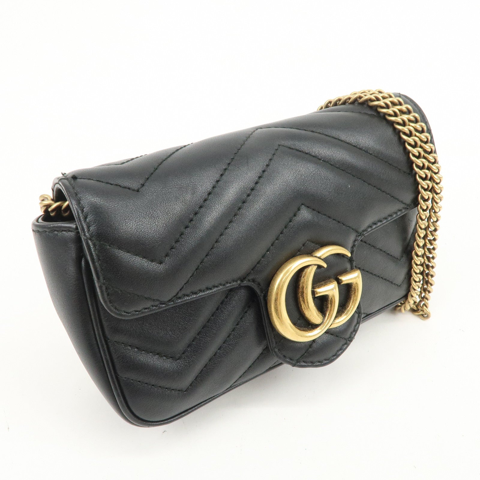 GUCCI GG Marmont Leather Chain Shoulder Bag Black Gold 476433