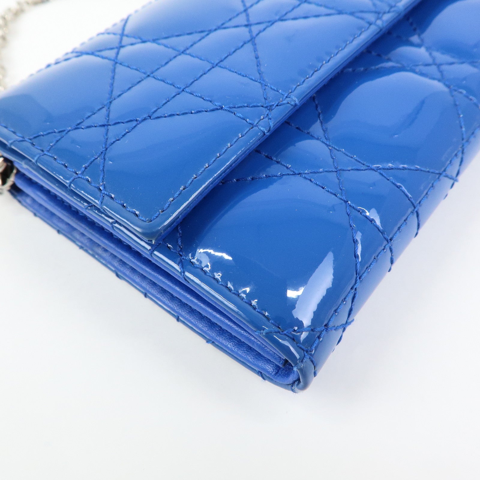 Christian Dior Cannage Patent Leather Chain Wallet WOC Blue Silver