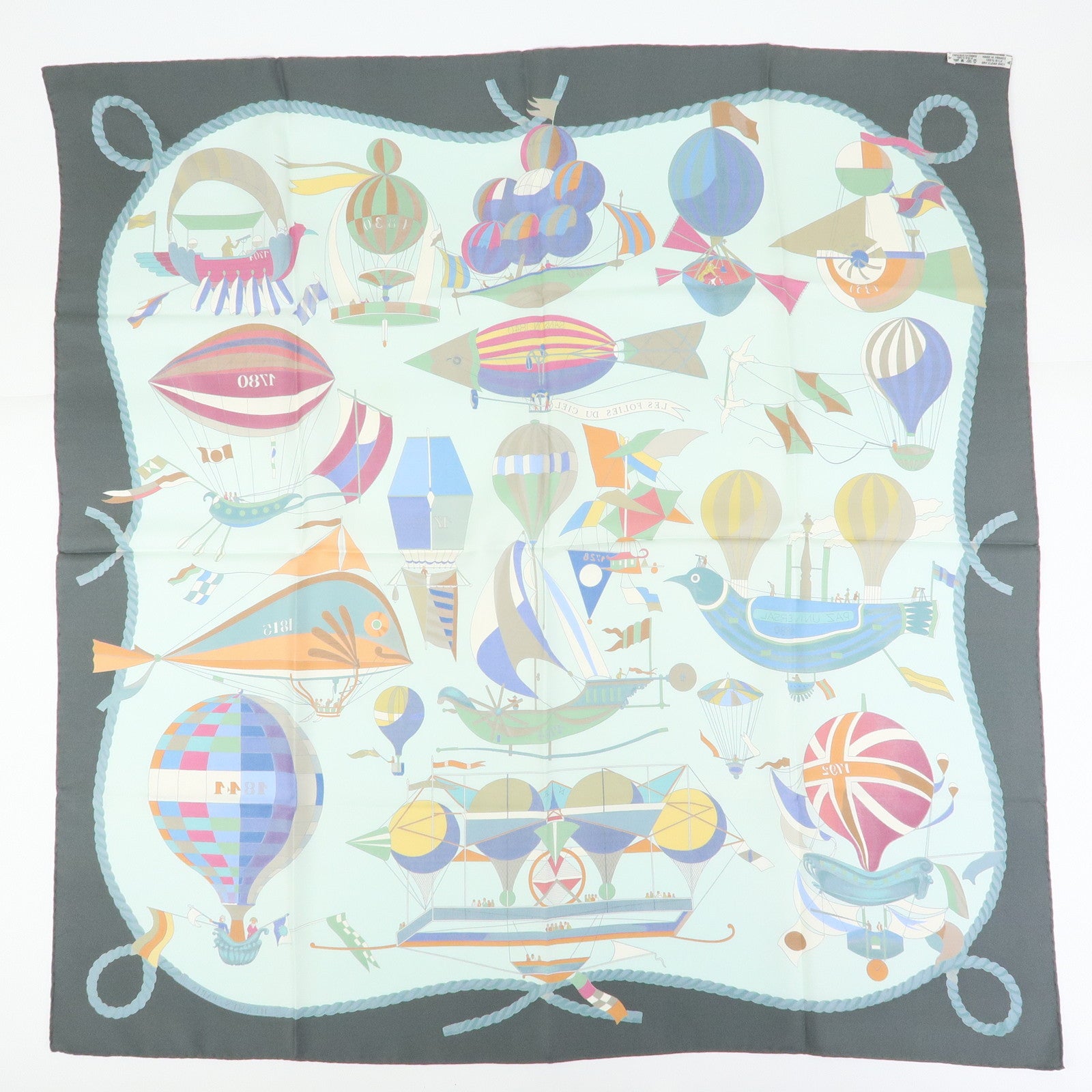 HERMES Carre 90 Silk 100% Scarf LES FOLIES DU CIEL Light Green Gray