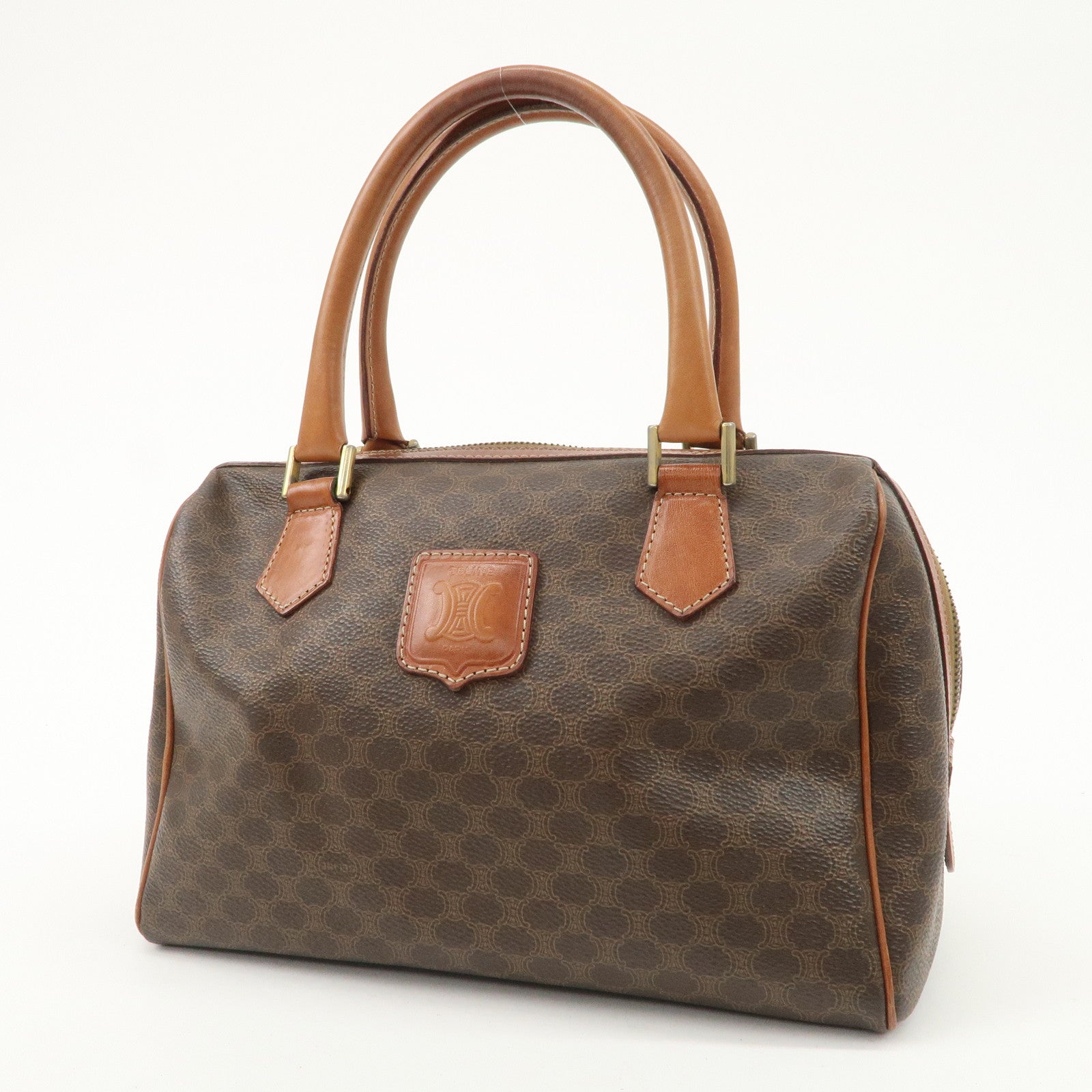 CELINE Macadam Leather PVC Boston Bag Hand Bag Brown Used