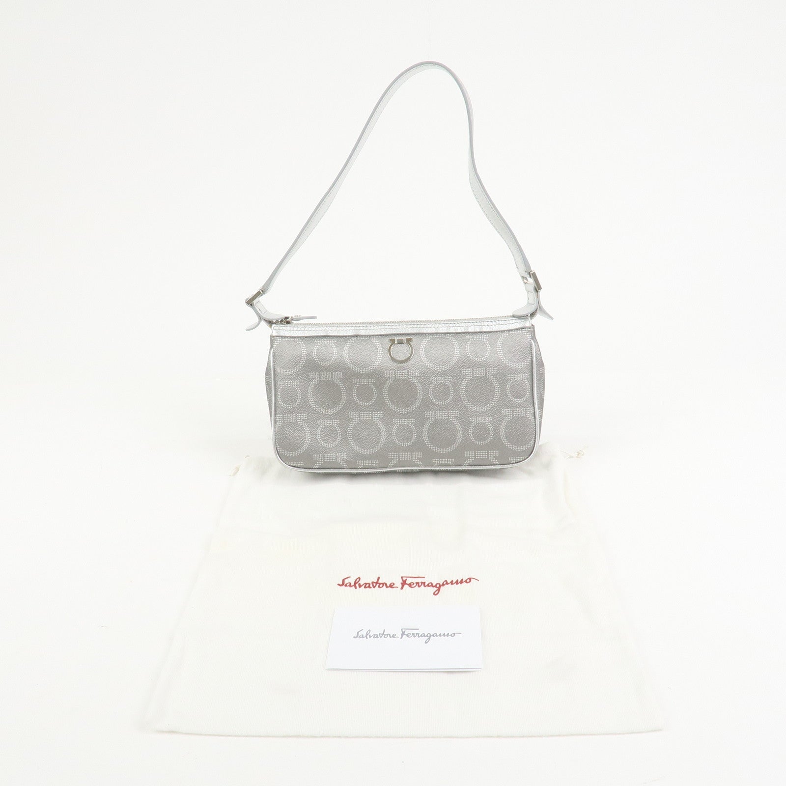 Ferragamo Gancini Logo Leather Shoulder Bag Hand Bag Silver