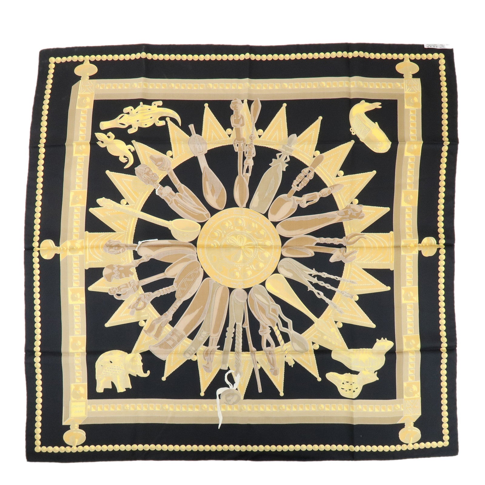 HERMES Carre 90 Silk 100% Scarf CUILLERS D'AFRIQUE Black Gold