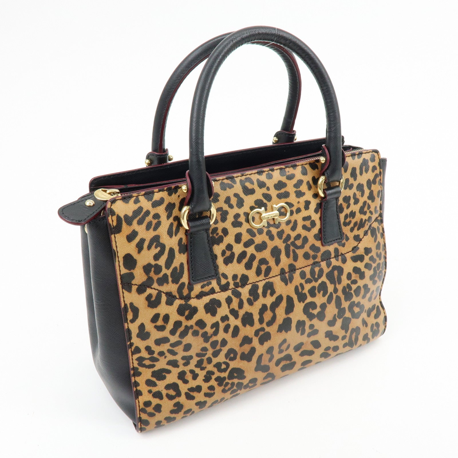 Ferragamo Gancini Leather 2Way Bag Hand Bag Leopard Motif Black