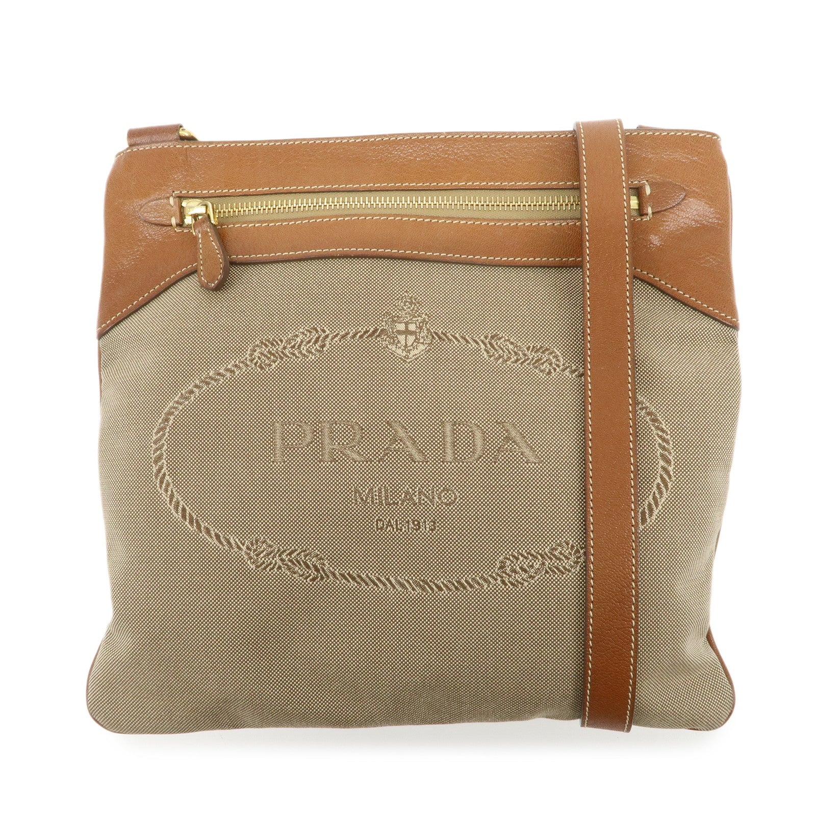 PRADA Logo Jacquard Leather Shoulder Bag Crossbody Bag Beige Brown