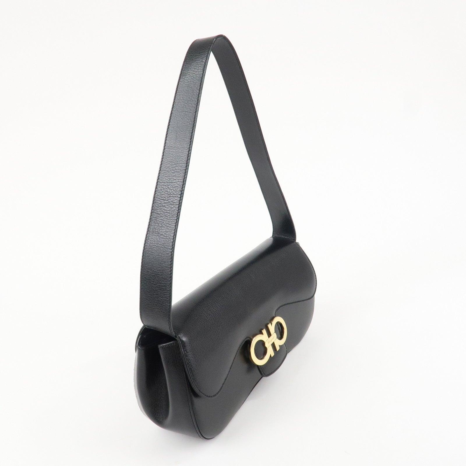 Ferragamo Ganchini Leather Shoulder Bag Hand Bag Black Used