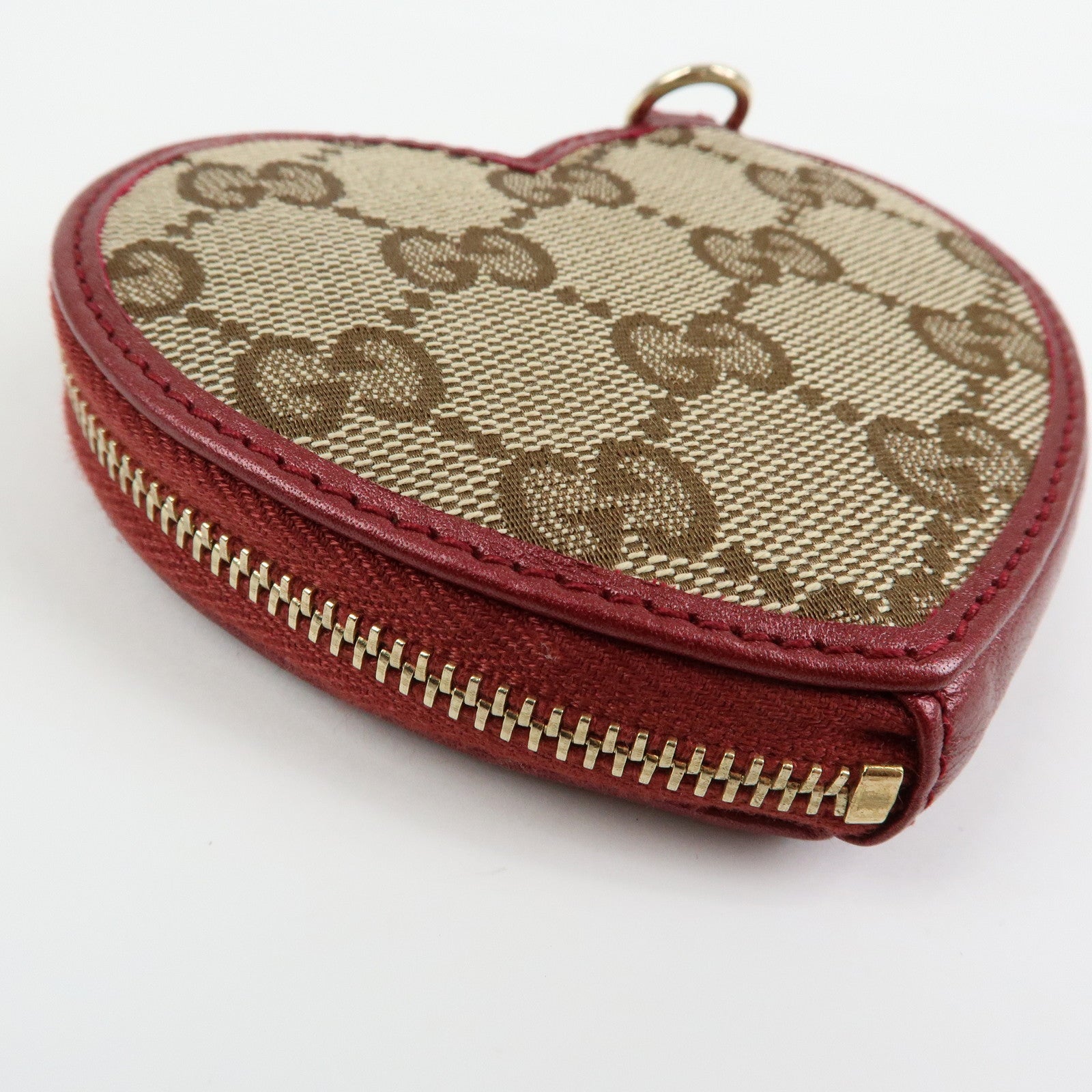 GUCCI Lovely Heart GG Canvas Leather Coin Case Beige Bordeaux152615