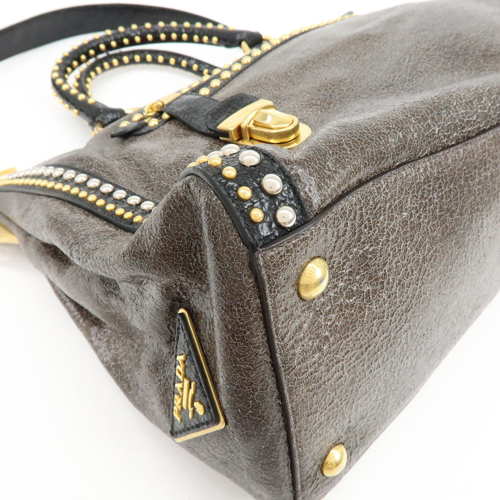 PRADA Triangle Logo Leather 2Way Bag Hand Bag Shoulder Bag Brown