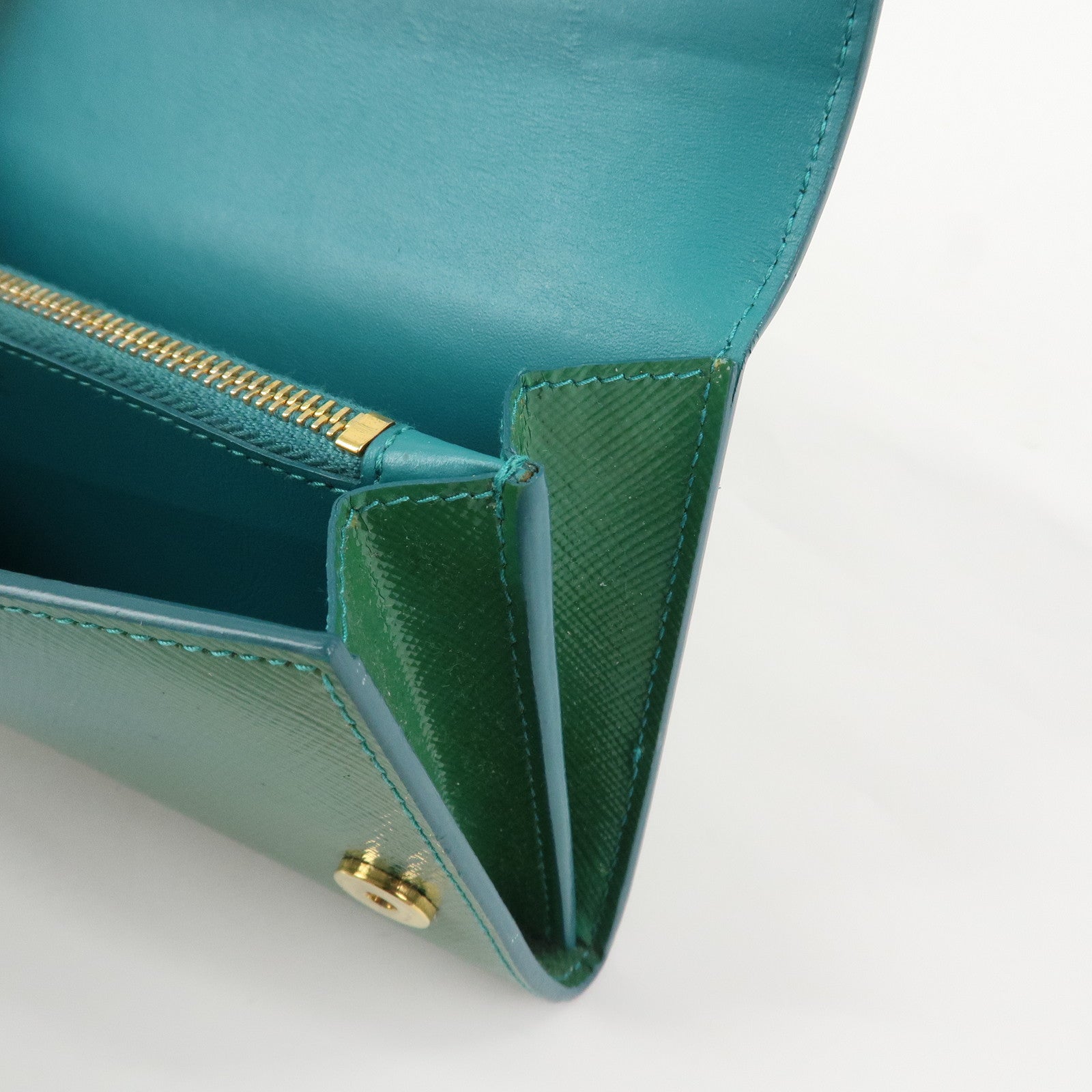 PRADA Triangle Logo Patent Leather Bi-Fold Long Wallet Green