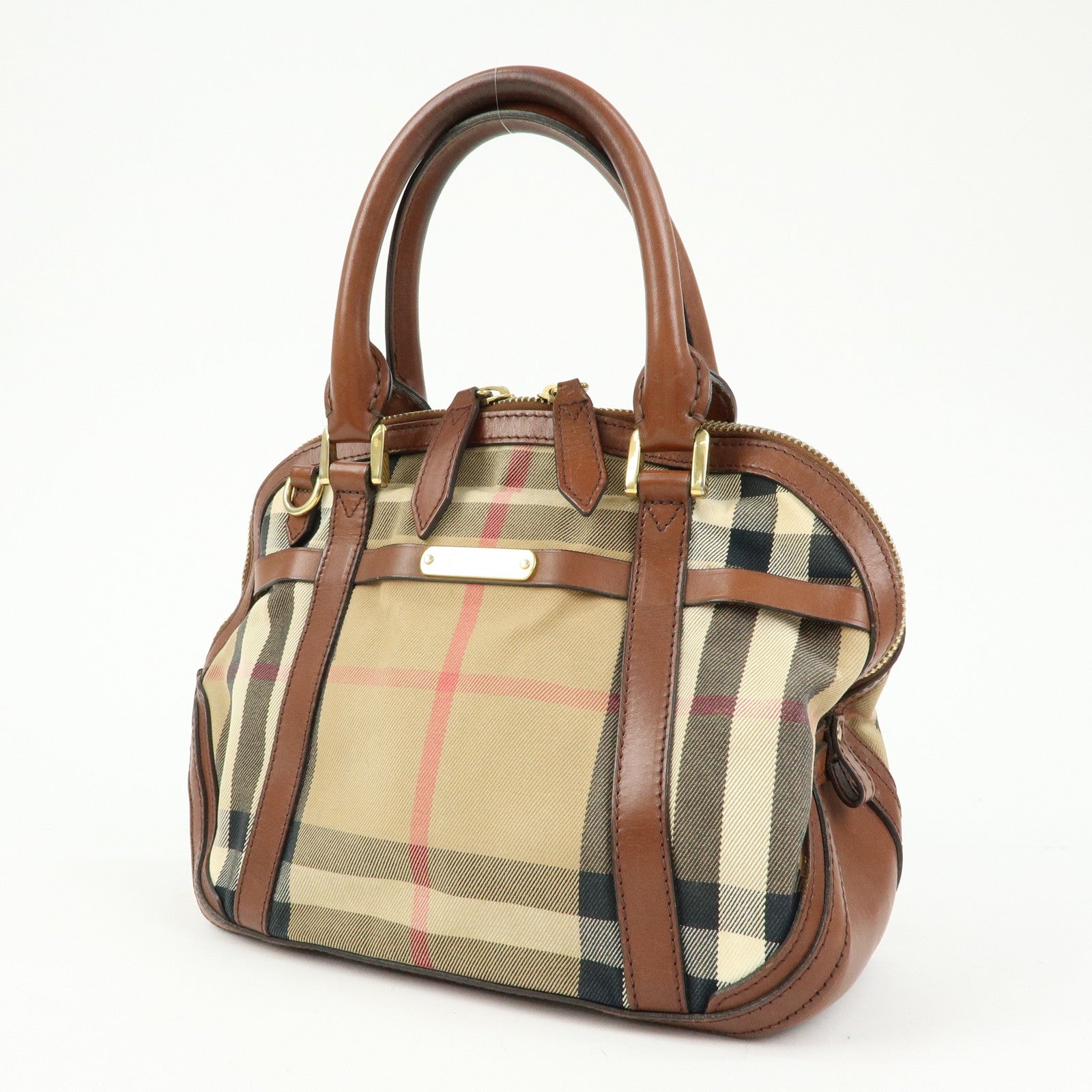 BURBERRY Nova Plaid Canvas Leather Hand Bag Beige Brown