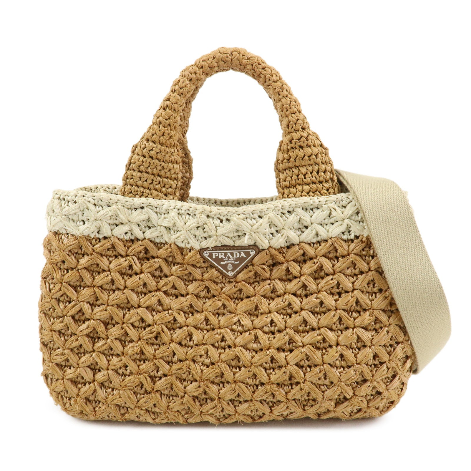 PRADA Canapa Raffia 2 Way Bag Hand Shoulder Bag Brown Ivory BN2889