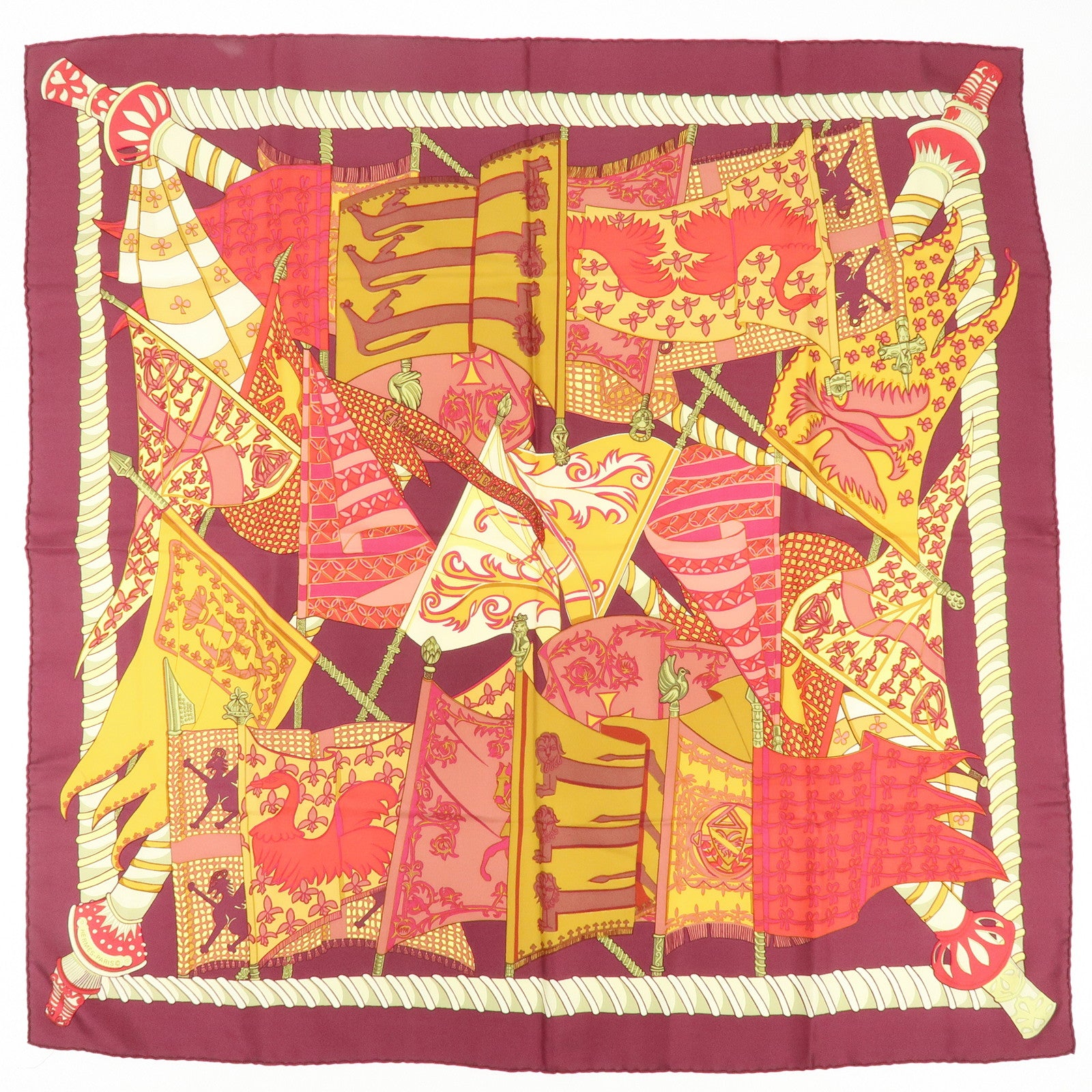 HERMES Carre 90 Set of 2 Silk 100% Scarf Bordeaux Beige