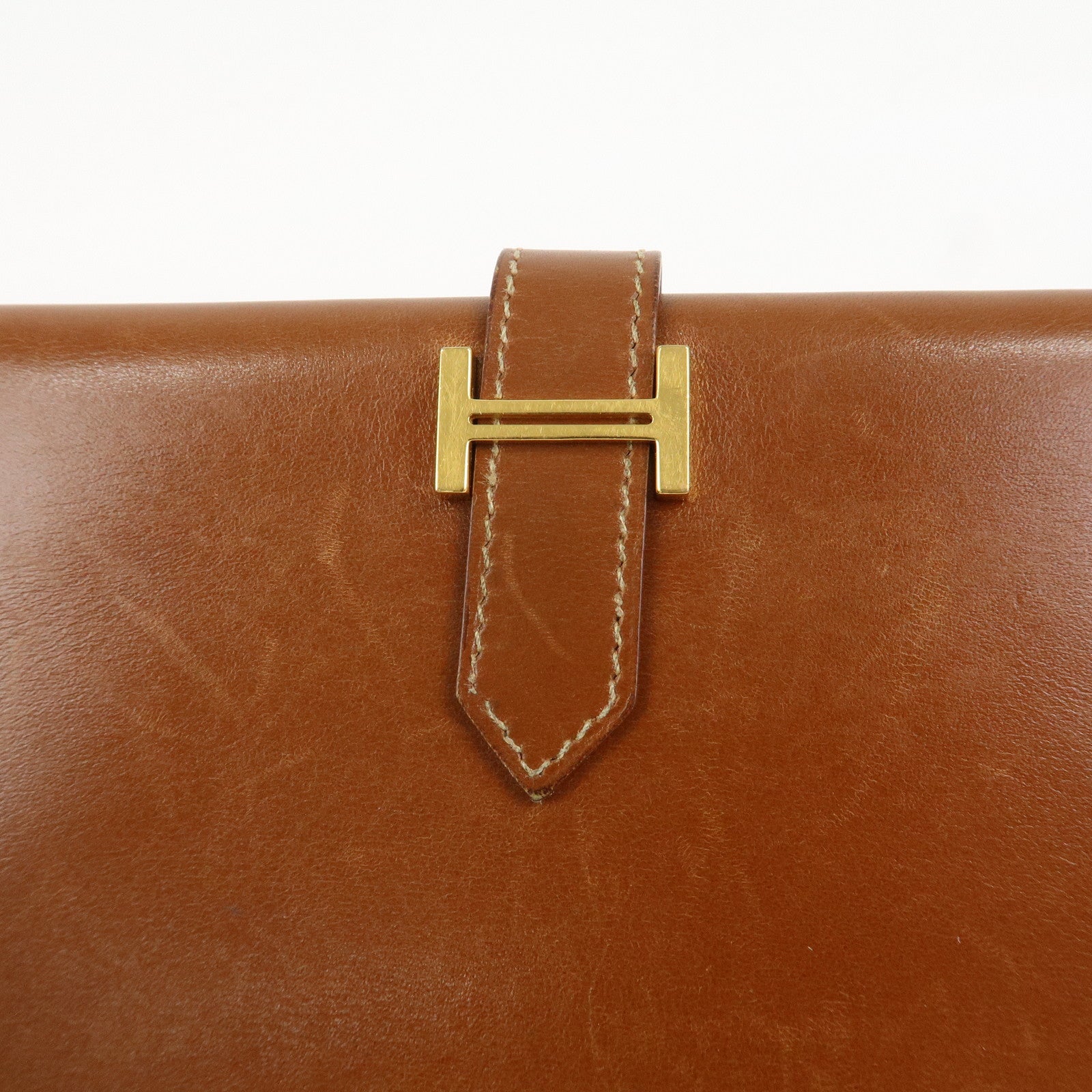 HERMES Bearn Classic Box Calf □O Stamped Bi-Fold Long Wallet Brown