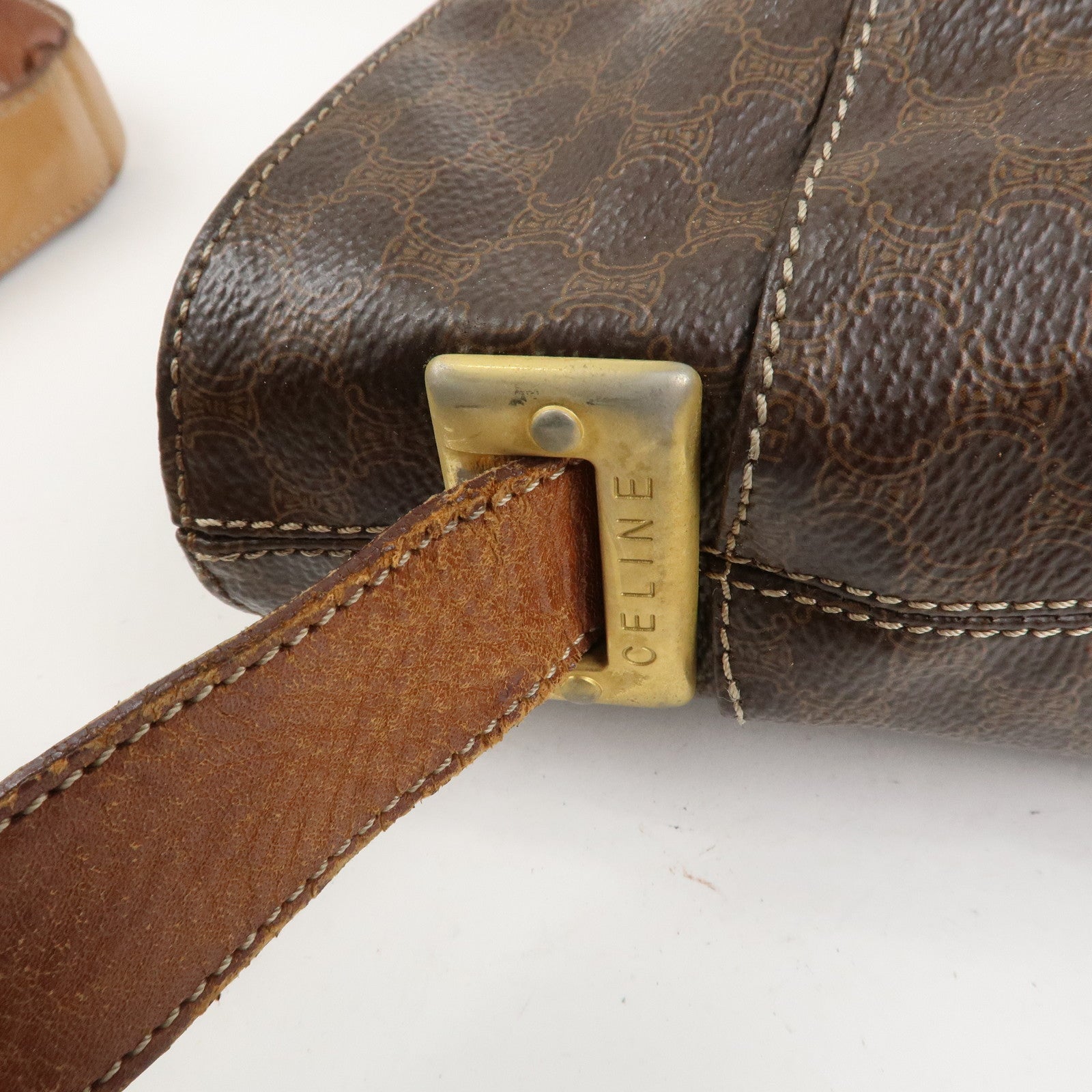 CELINE Macadam PVC Canvas Leather Shoulder Bag Brown Gold Hardware