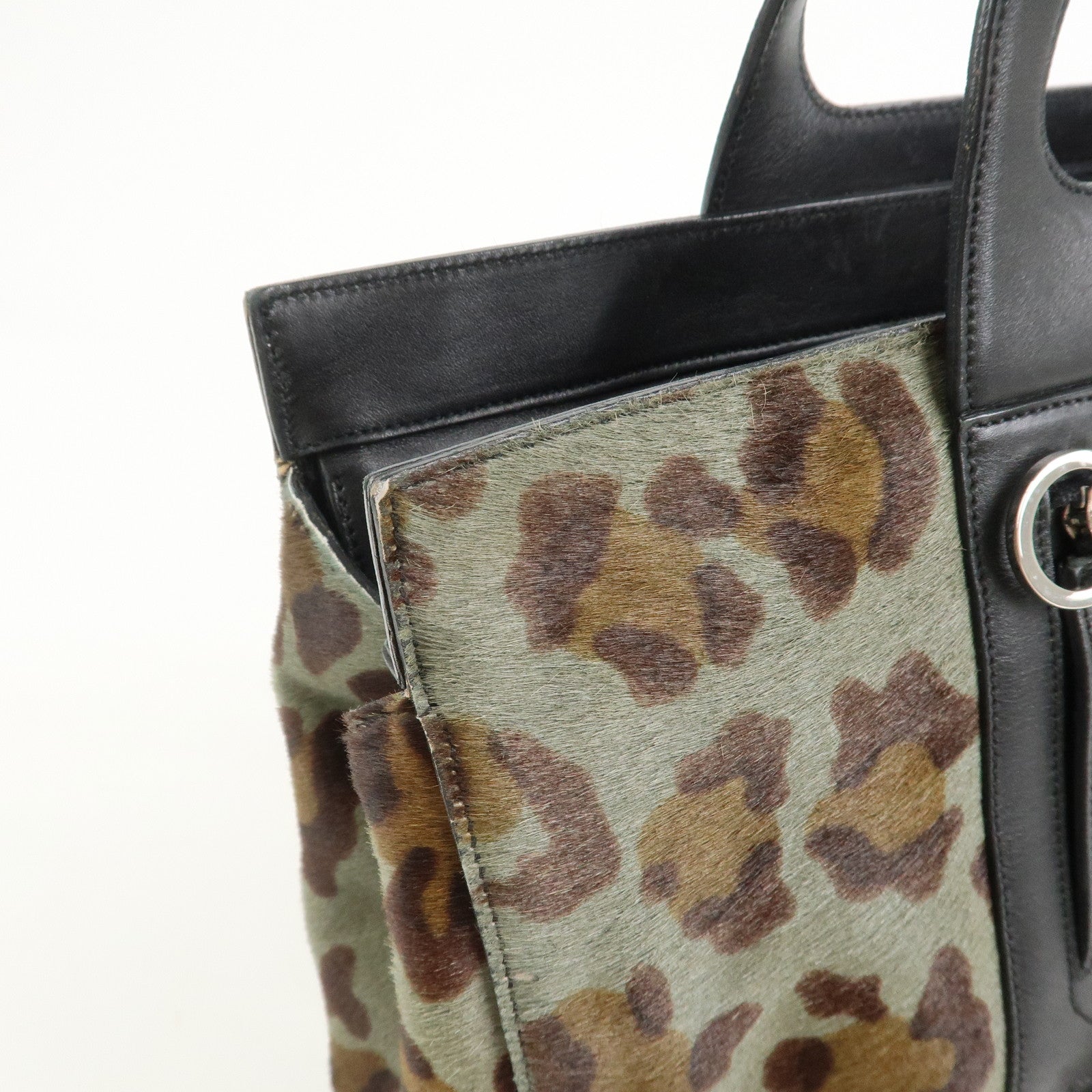 Ferragamo Gancini Unborn Calf Leather Tote Bag Shoulder Bag Leopard