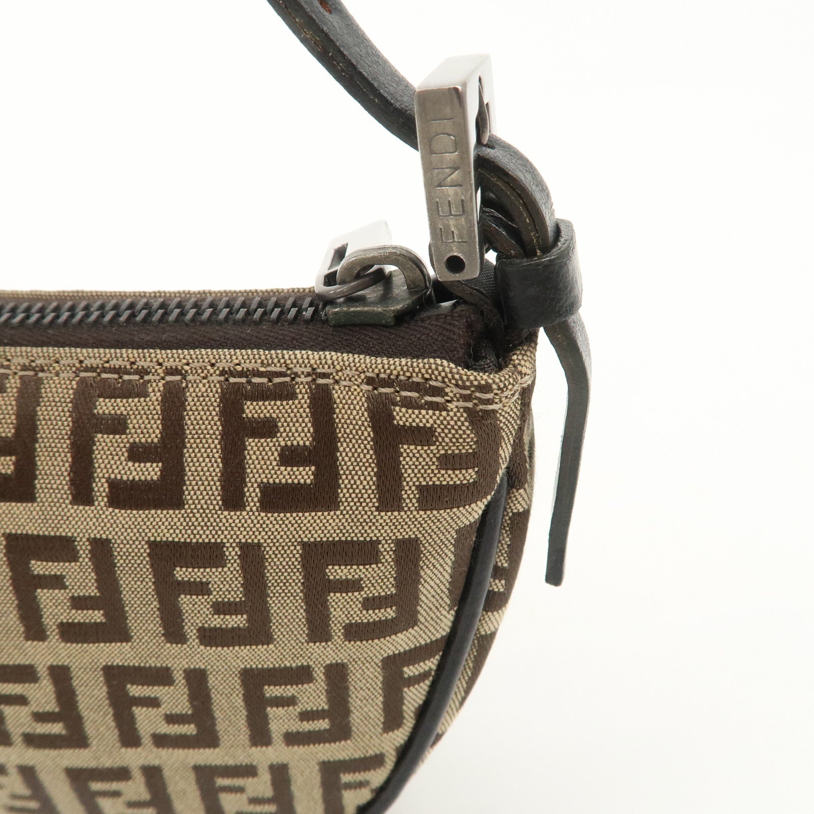 FENDI Zucchino Canvas Leather Shoulder Bag Brown Beige 8BR133 Used