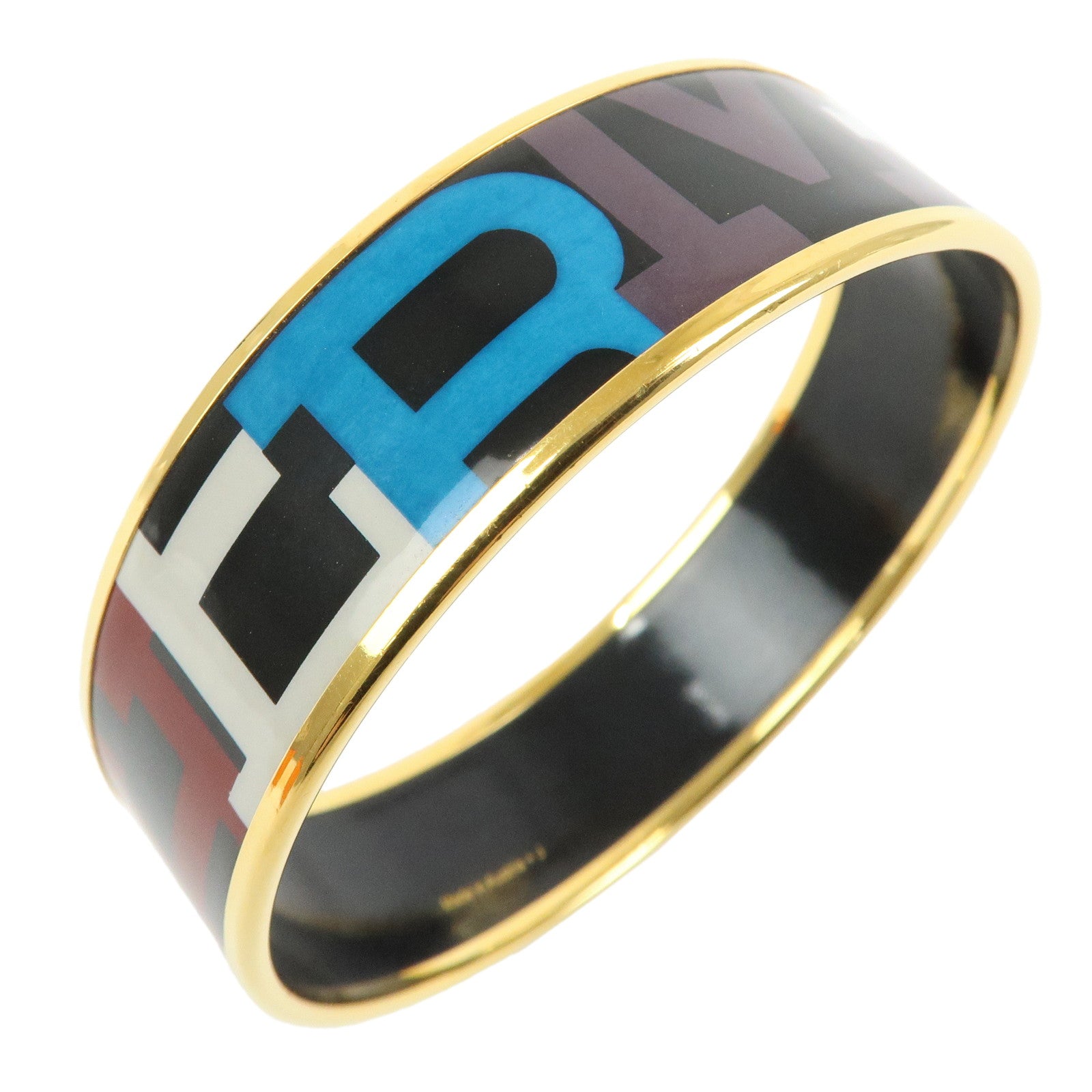 HERMES Email GM Gold Plated Bangle Bracelet Black Multicolor