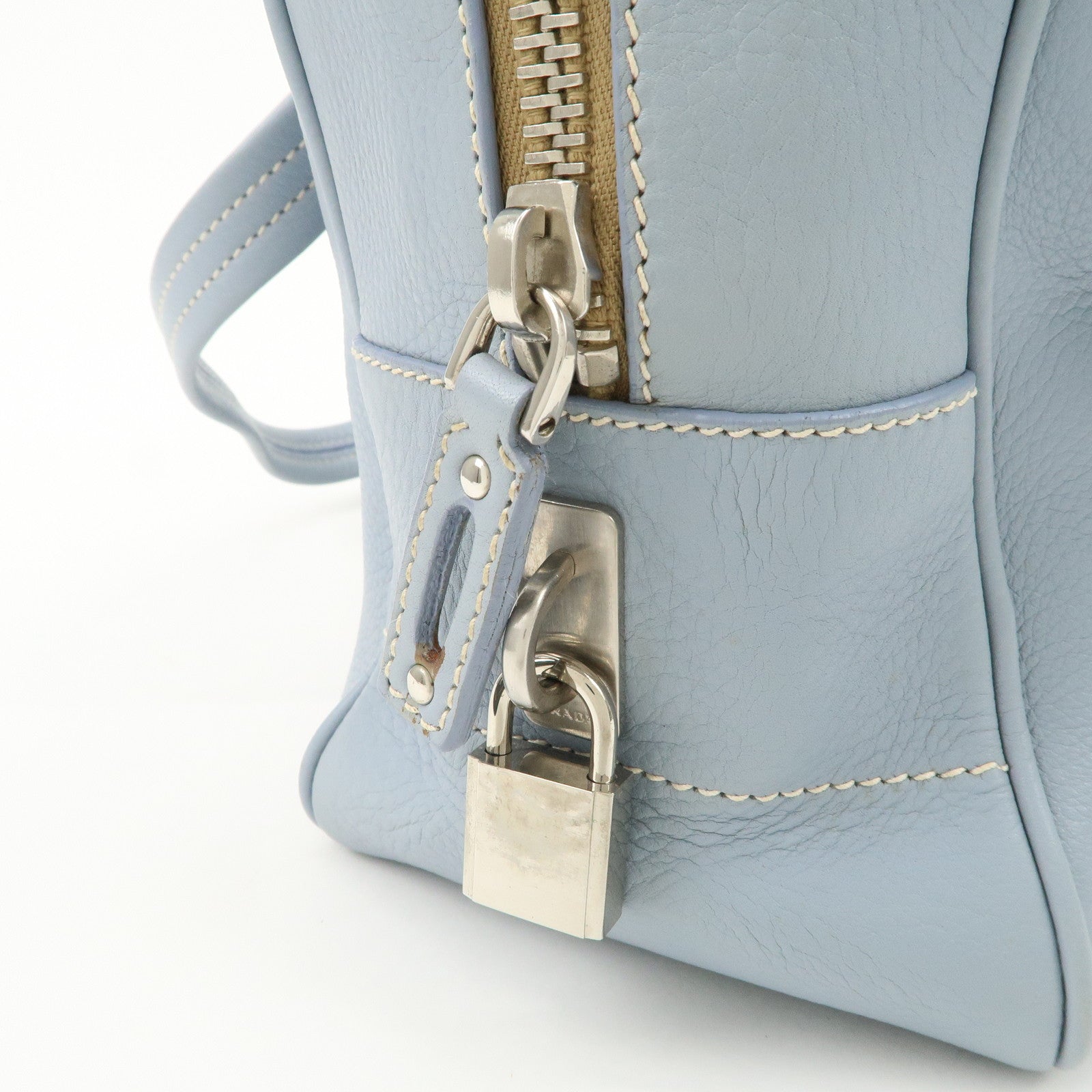 PRADA Leather Boston Bag Shoulder Bag Blue BR2246 Used