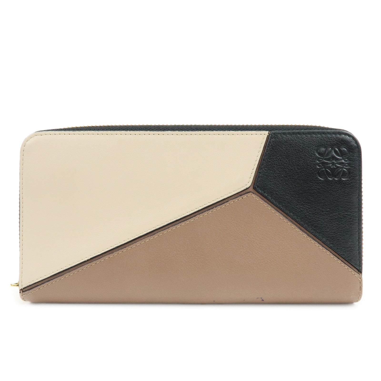 LOEWE Puzzle Calfskin Zippy Long Wallet Brown Beige Black