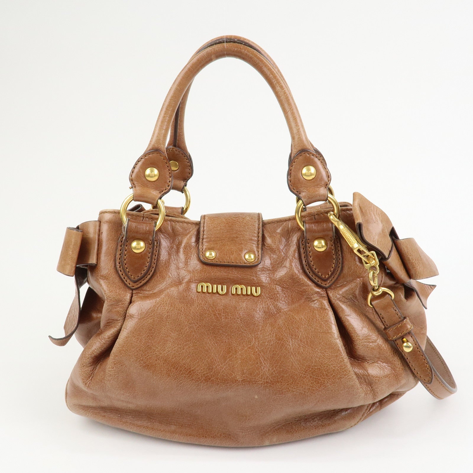 MIU MIU Side Ribbon Leather 2Way Shoulder Hand Bag Brown RN0686