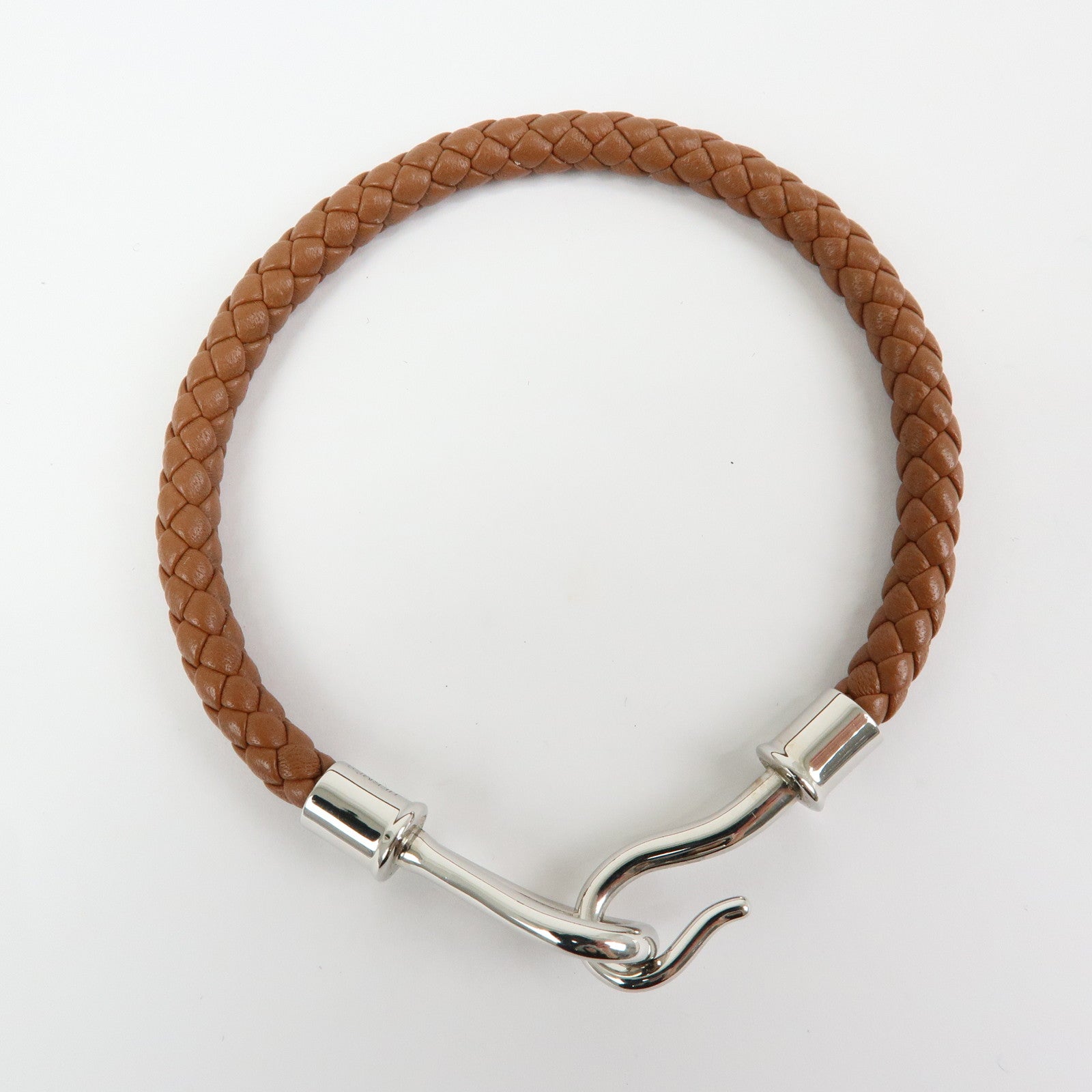 HERMES Jumbo Choker Leather Metal Bracelet Brown Silver