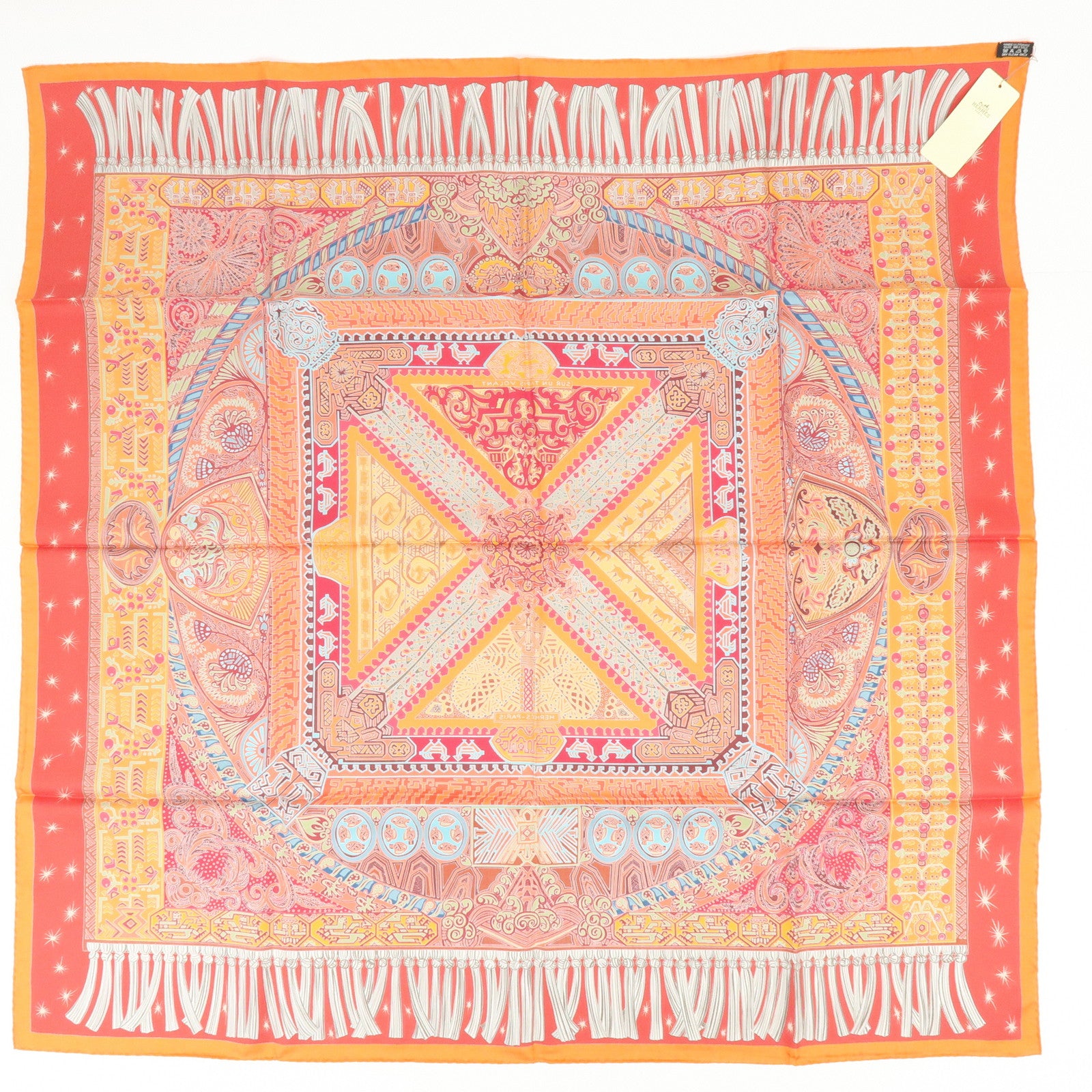 HERMES Carre 90 Silk 100% Scarf SUR UN TAPIS VOLANT Orange Red Blue