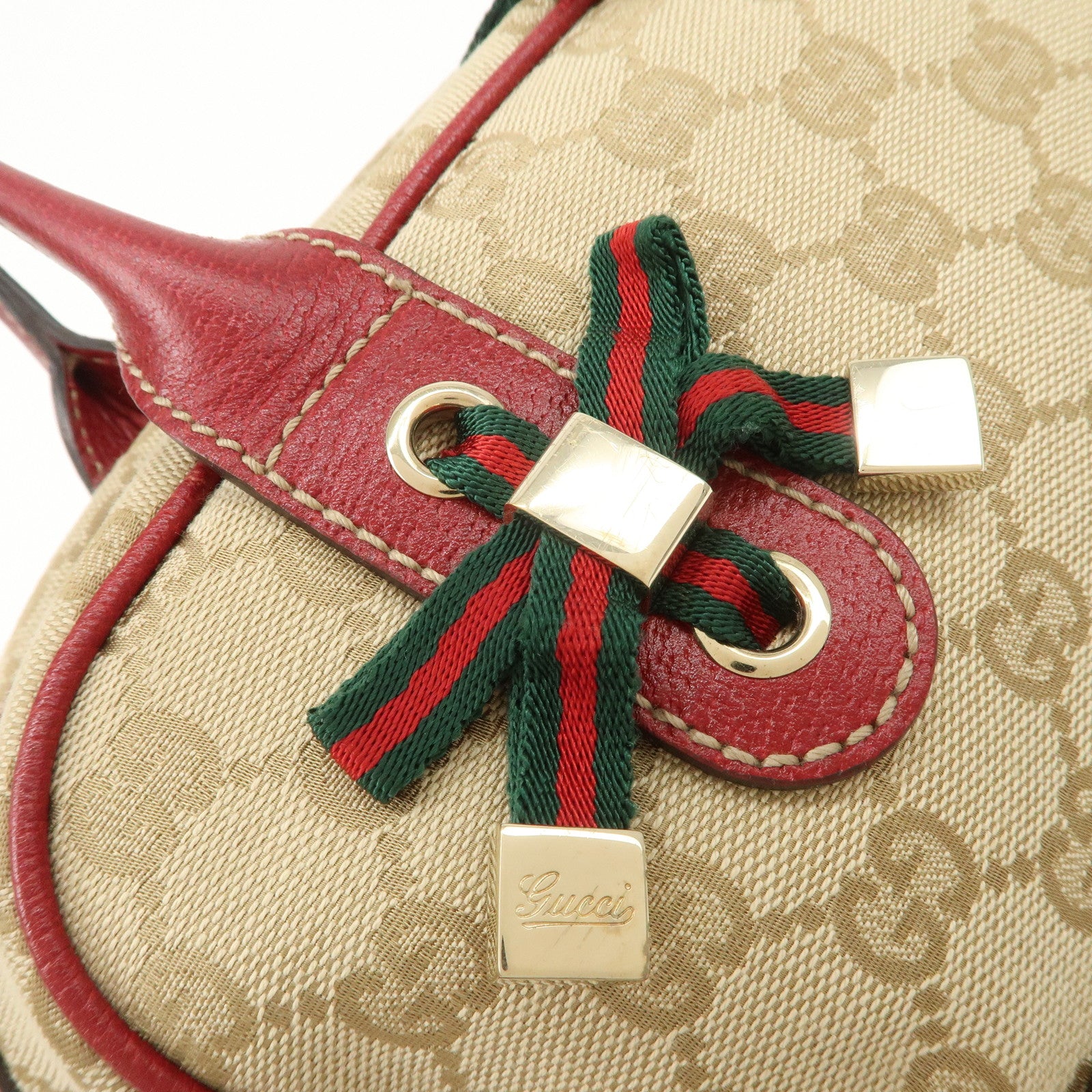 GUCCI Sherry Princy Leather GG Canvas Boston Bag Beige Red 161720