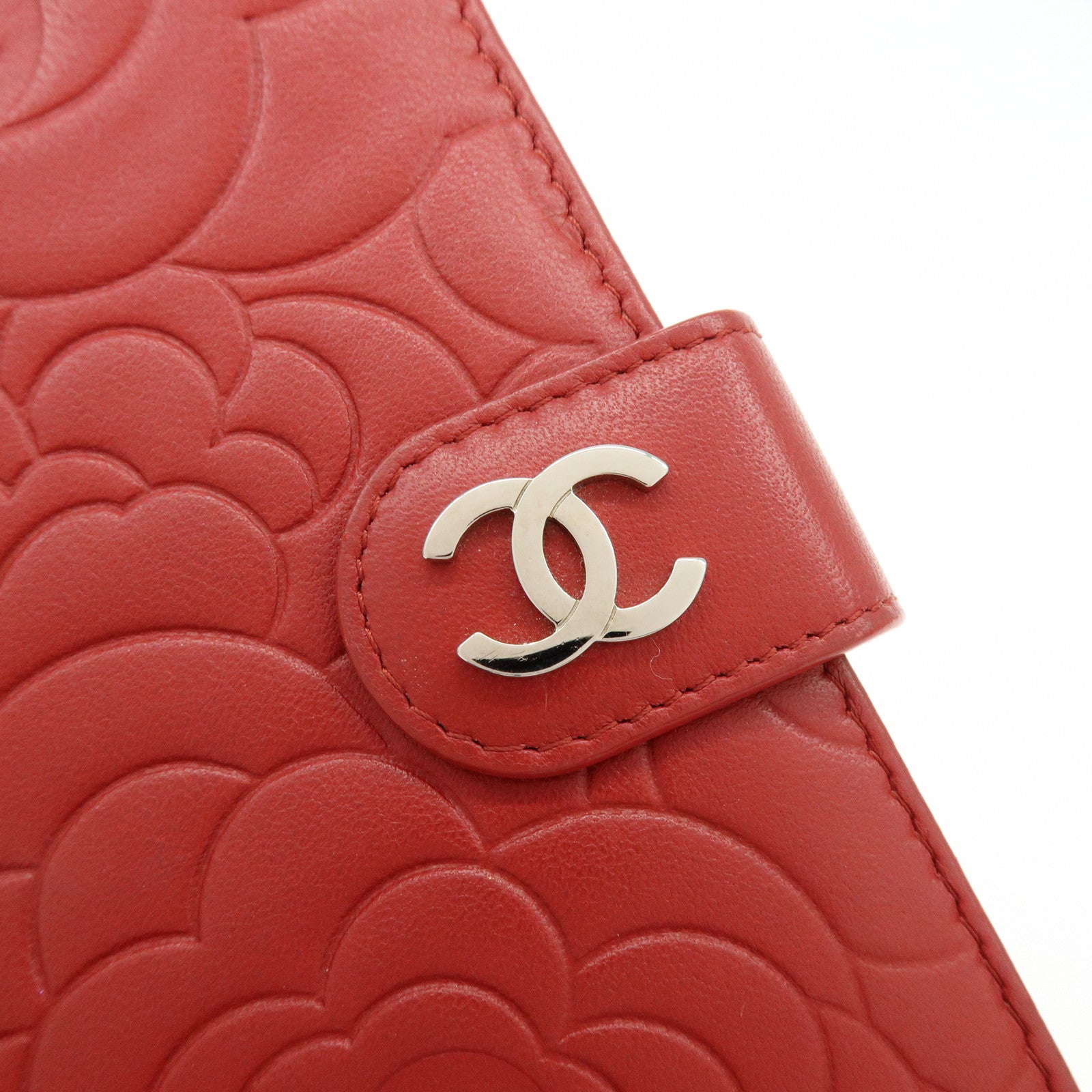 CHANEL Camellia COCO Mark Lamb Skin Bi-fold Compact Wallet Red