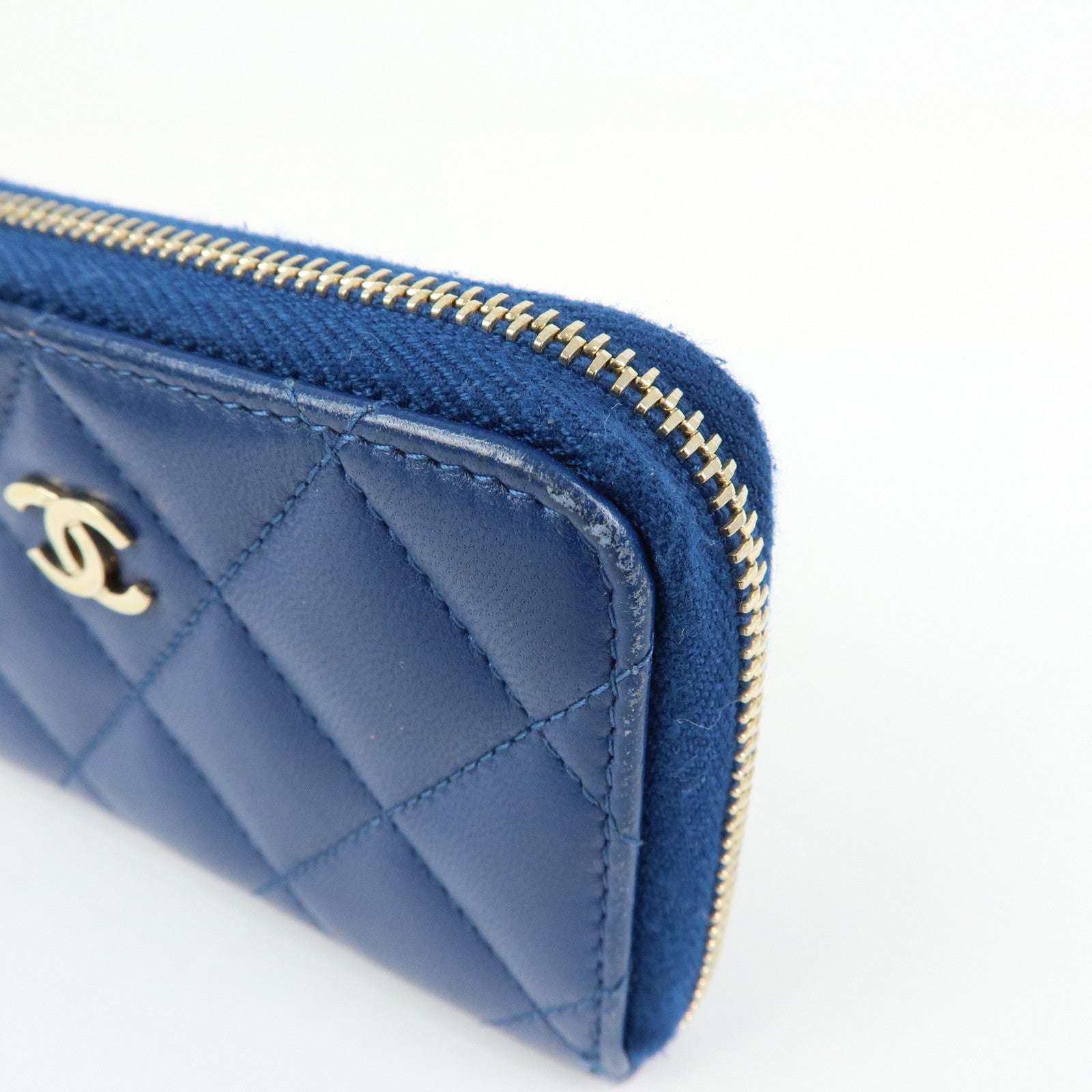 CHANEL Matelasse COCO Mark Lamb Skin Coin Case Card Case Blue