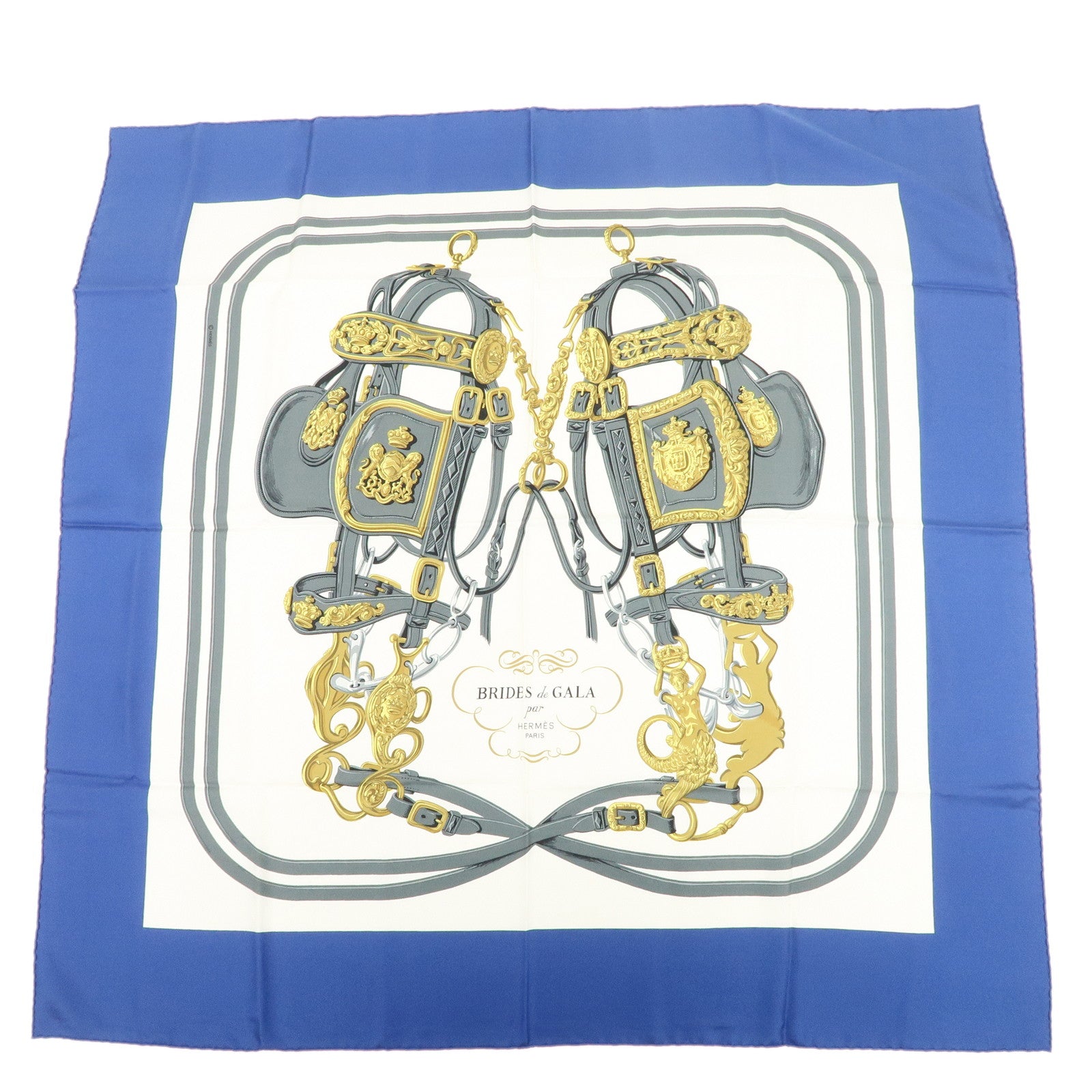 HERMES Carre 90 Silk 100% Scarf BRIDES DE GALA White Blue