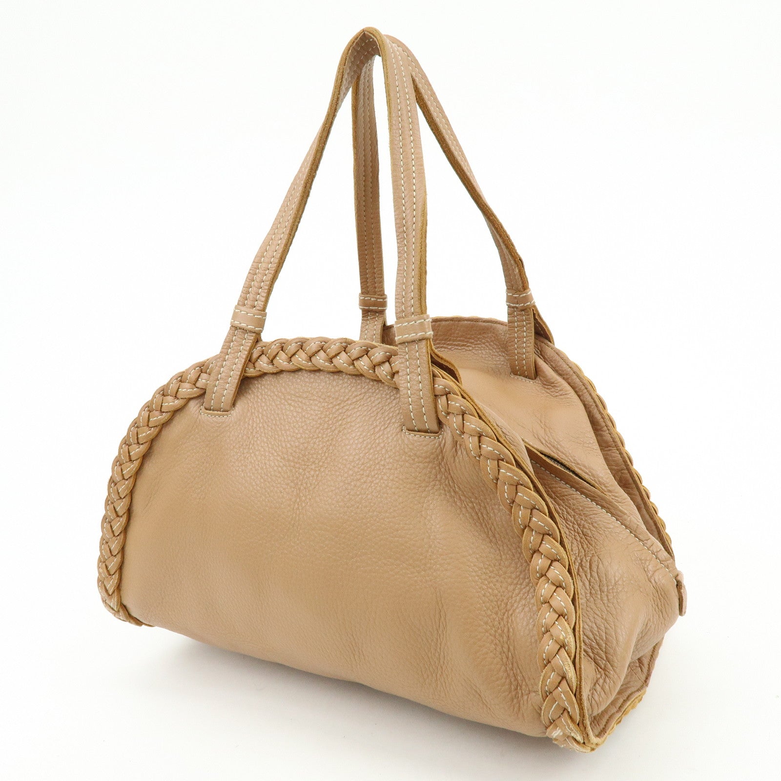 BOTTEGA VENETA Calf Leather Boston Bag Hand Bag Brown