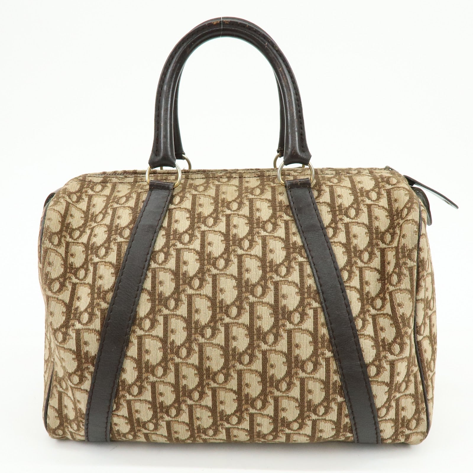 Christian Dior Trotter Jacquard Canvas Leather Boston Bag Brown