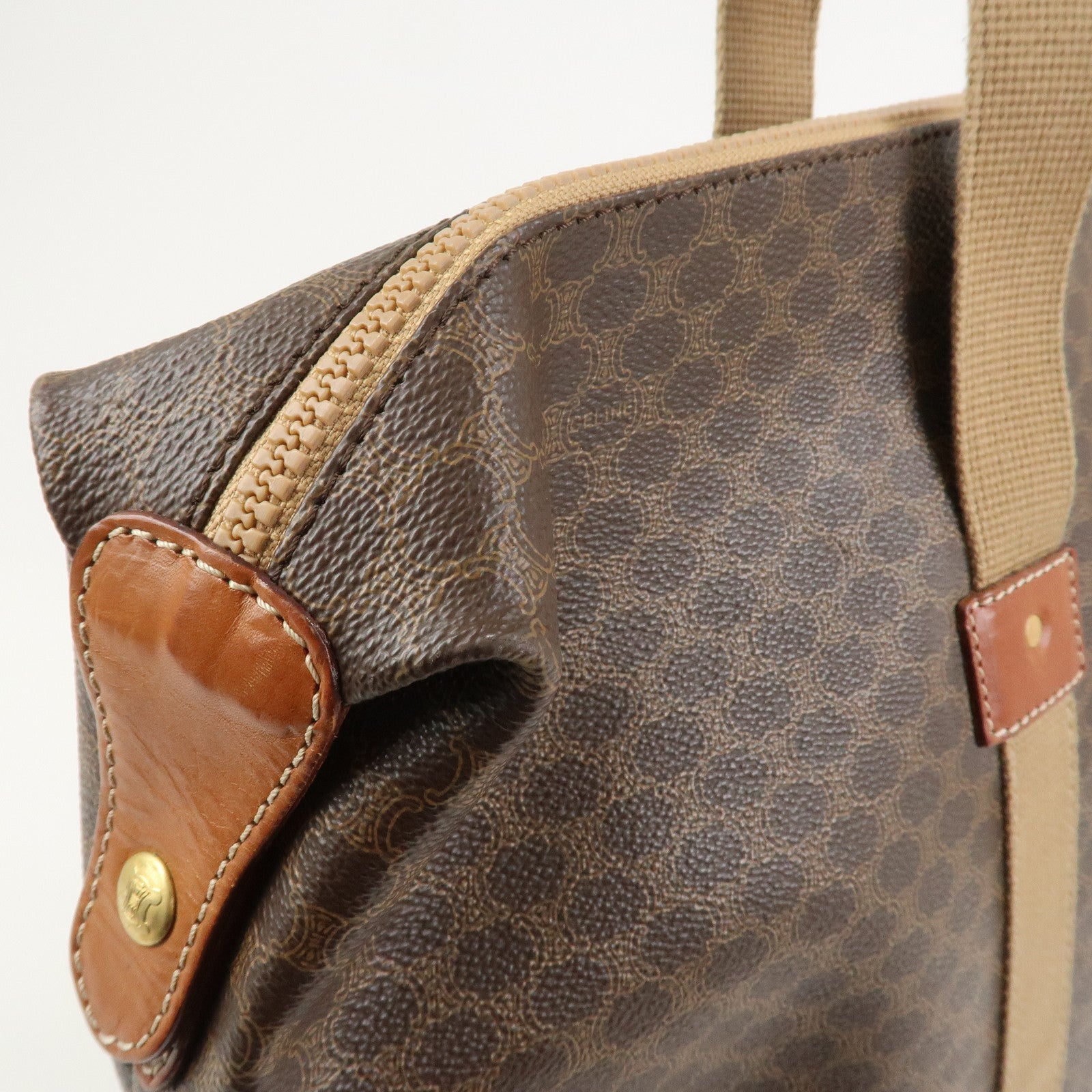 CELINE Macadam PVC Canvas Leather Boston Bag Hand Bag Brown