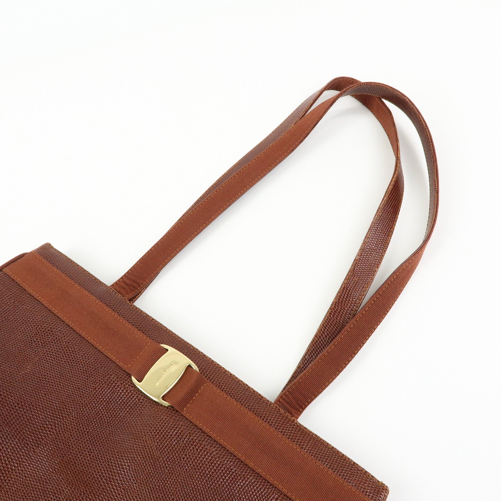 Ferragamo Vara Embossed Leather Tote Bag Shoulder Bag Brown