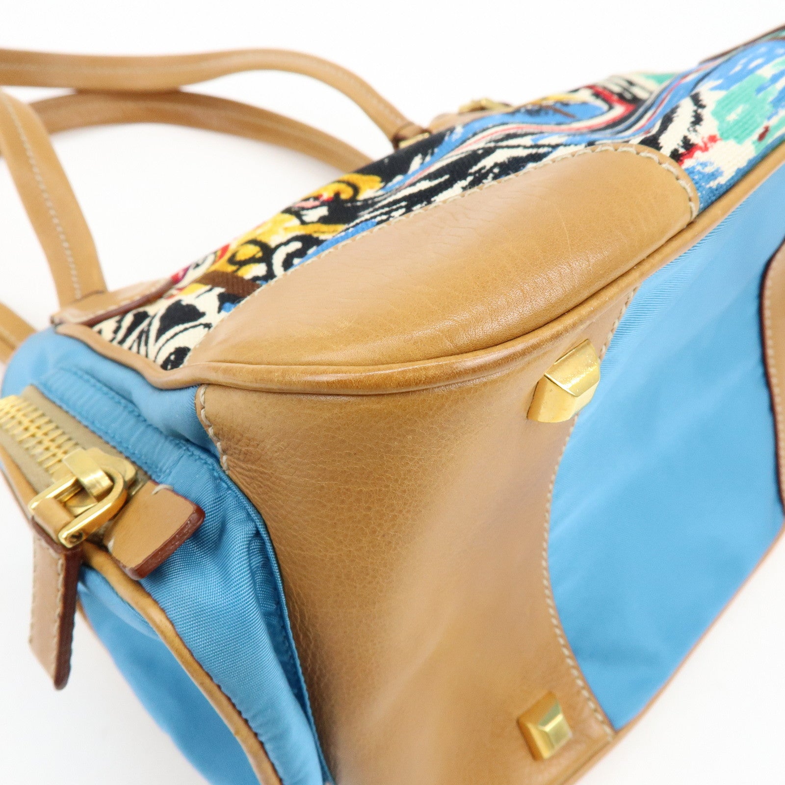 PRADA Triangle Logo Canvas Leather Hand Bag Light Brown Blue