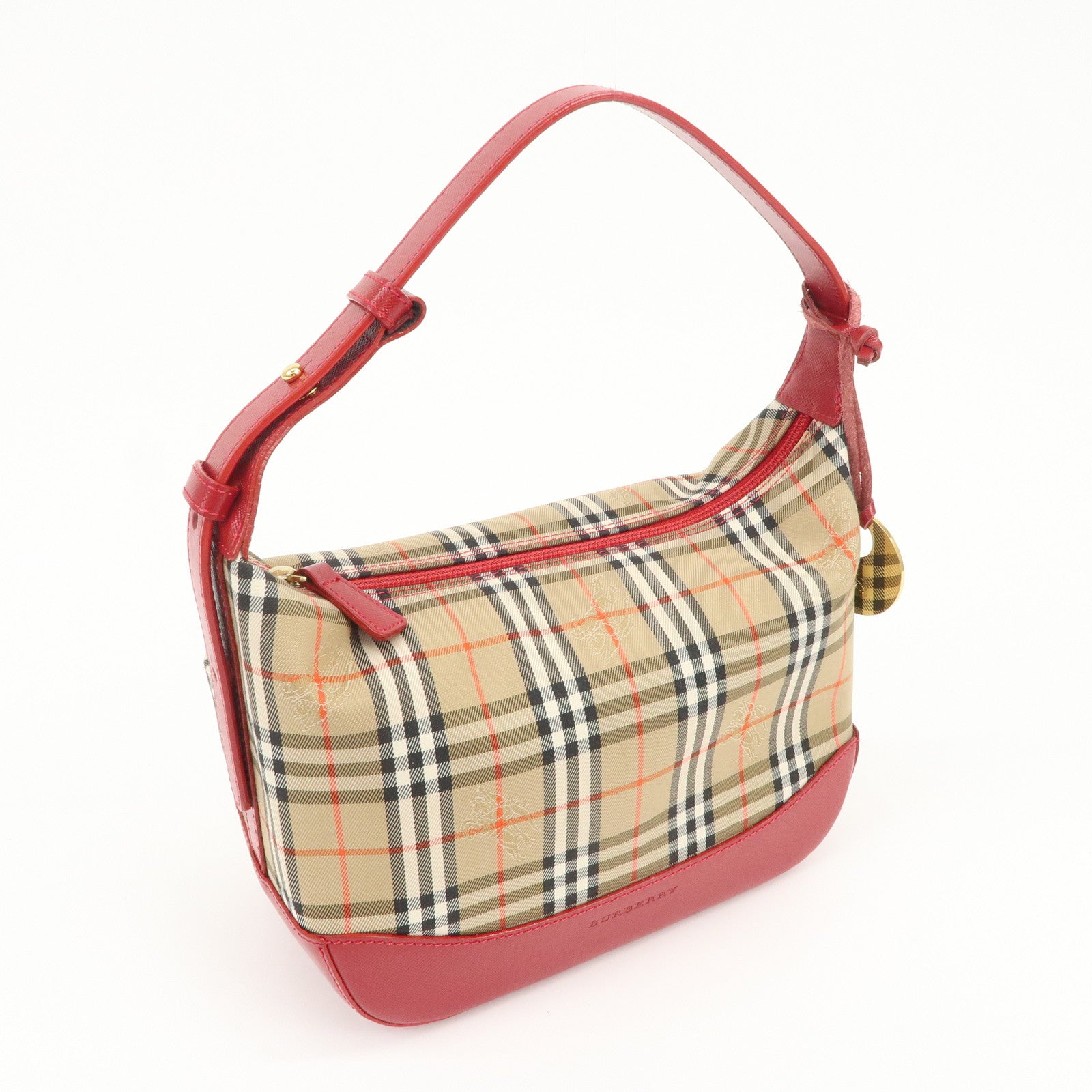 BURBERRY Nova Plaid Canvas Leather Hand Bag Shoulder Bag Beige Red