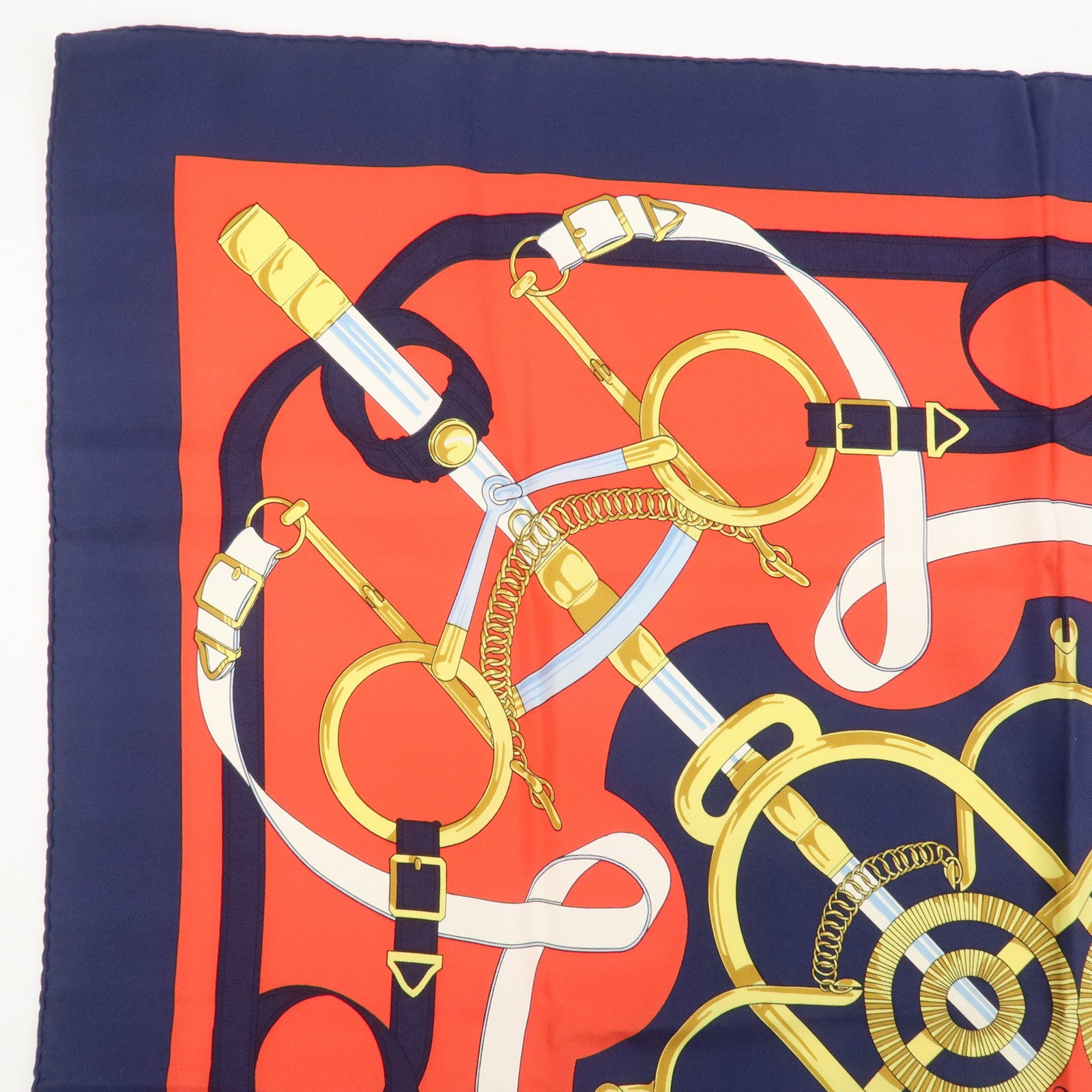 HERMES Carre 90 Silk 100% Scarf Eperon d'or White Navy