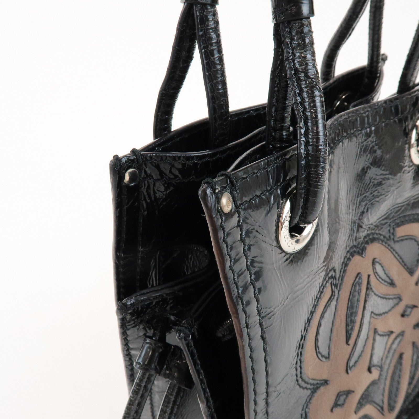 LOEWE Anagram Patent Leather Hand Bag Shoulder Bag Black Brown