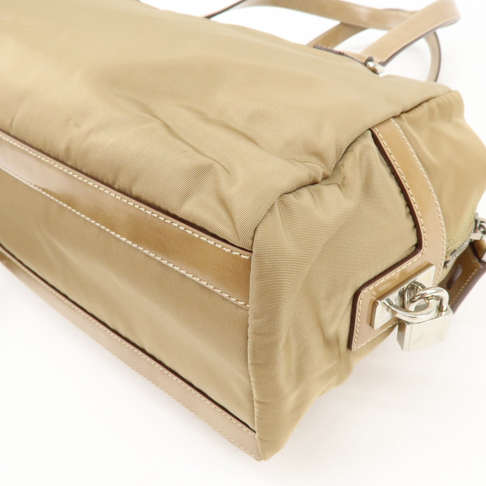 PRADA Logo Nylon Leather Shoulder Bag Boston Bag Beige BR3150