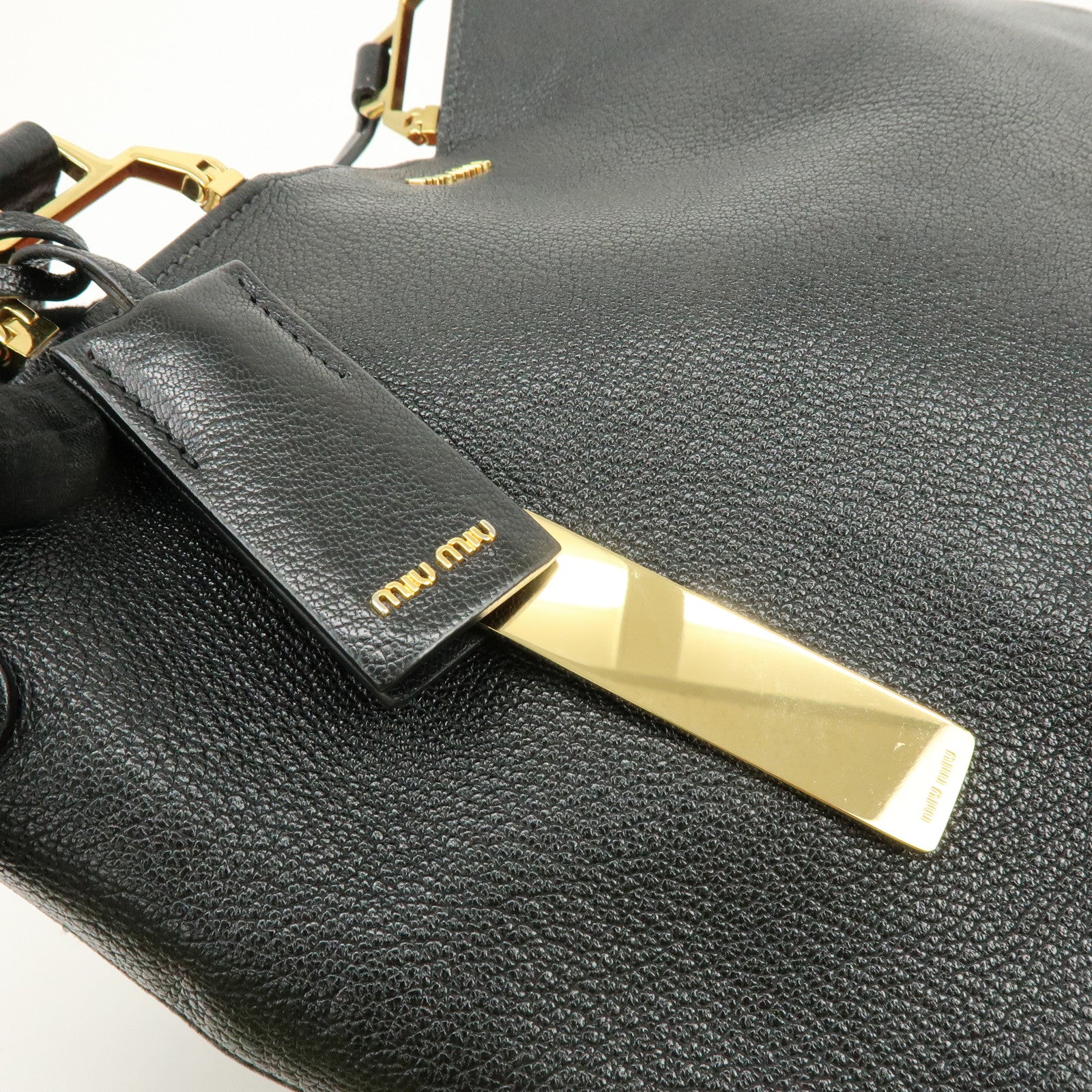 MIU MIU Logo Leather Tote Bag Hand Bag Black Gold 5BG025